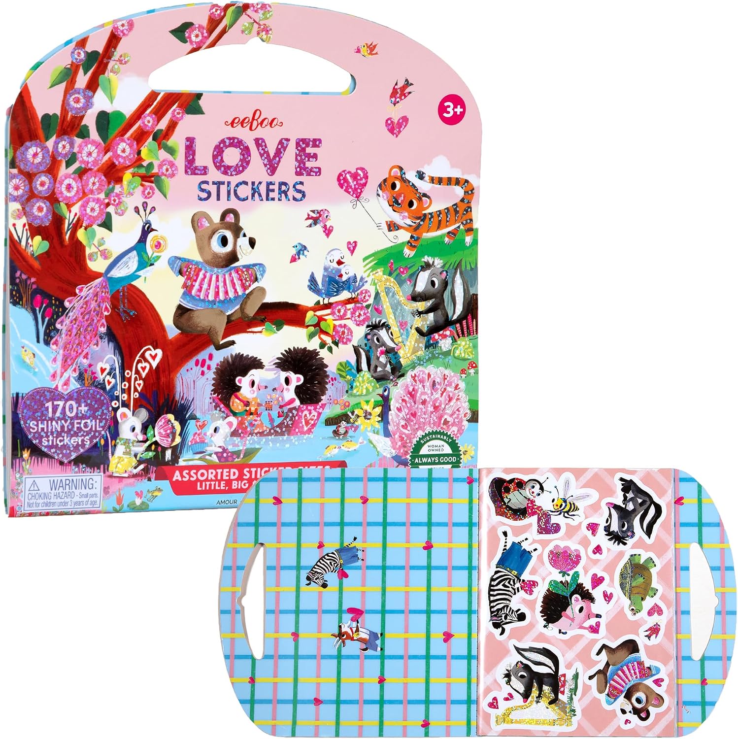 eeBoo Love Stickers Valentine's Day - 170+ Shiny Rainbow Foil Heart & Animal Stickers, 12 Page Sticker Book, Screen-Free Fun for Kids Ages 3+