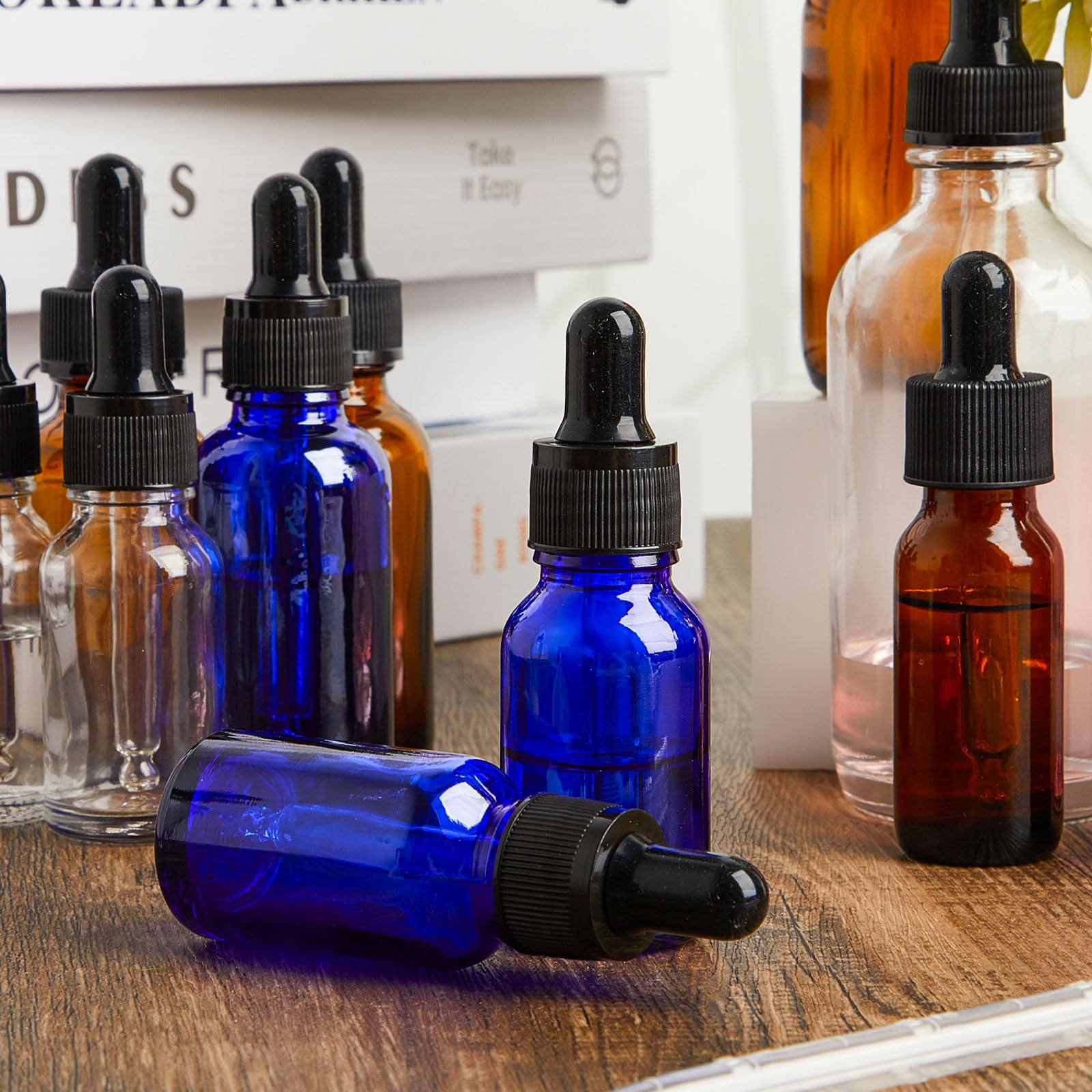 Lallisa Tropfflaschen für ätherische Öle, Glasflaschen mit Augentropfenspender, Tropfflaschen mit 5 Trichtern, 5 Pipetten, 3 ml, 100 Etiketten für ätherisches Öl, Parfüm (blau, 15 ml, 100 Stück)