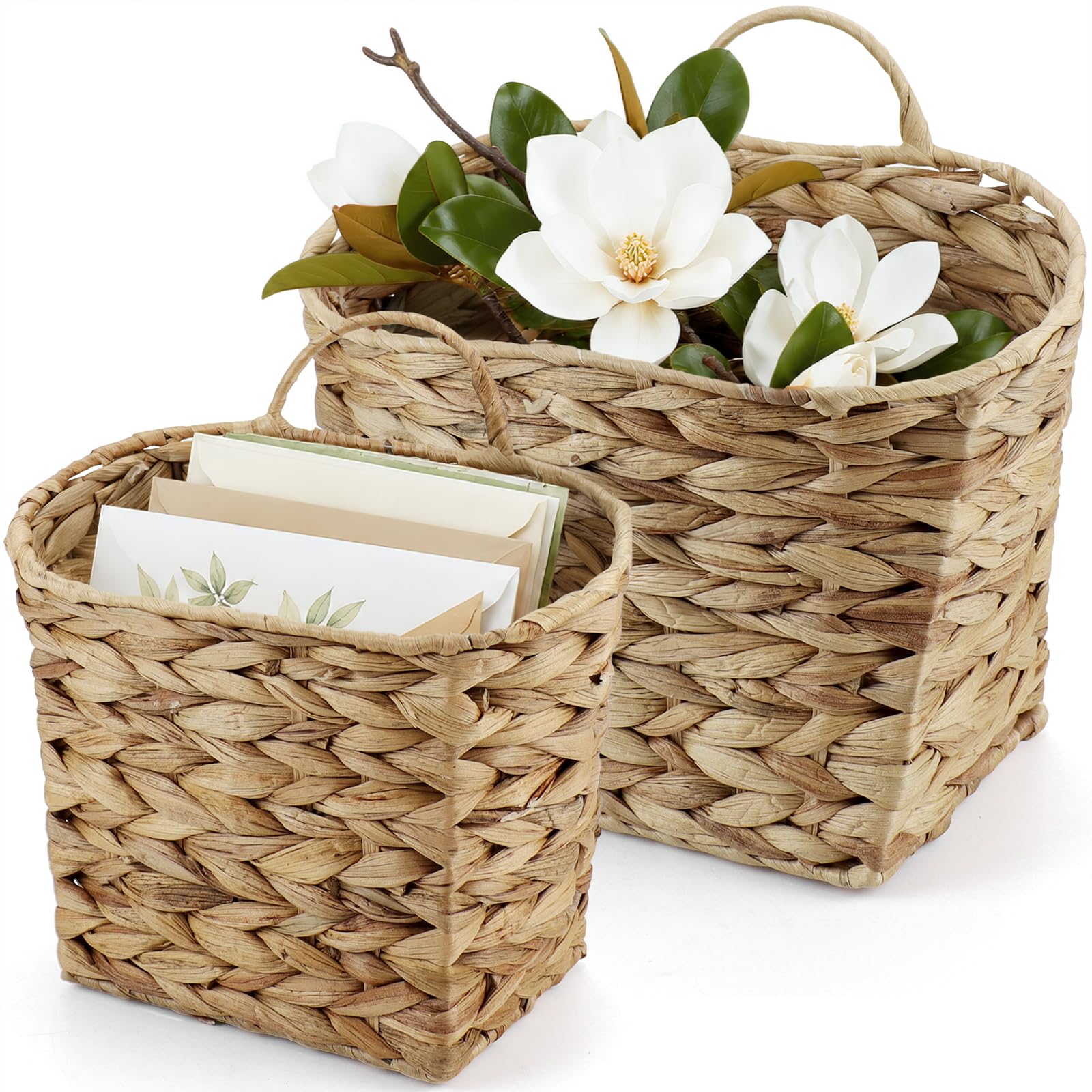 2 Pack Wicker Hanging Baskets, Water Hyacinth Wall Basket with Handles