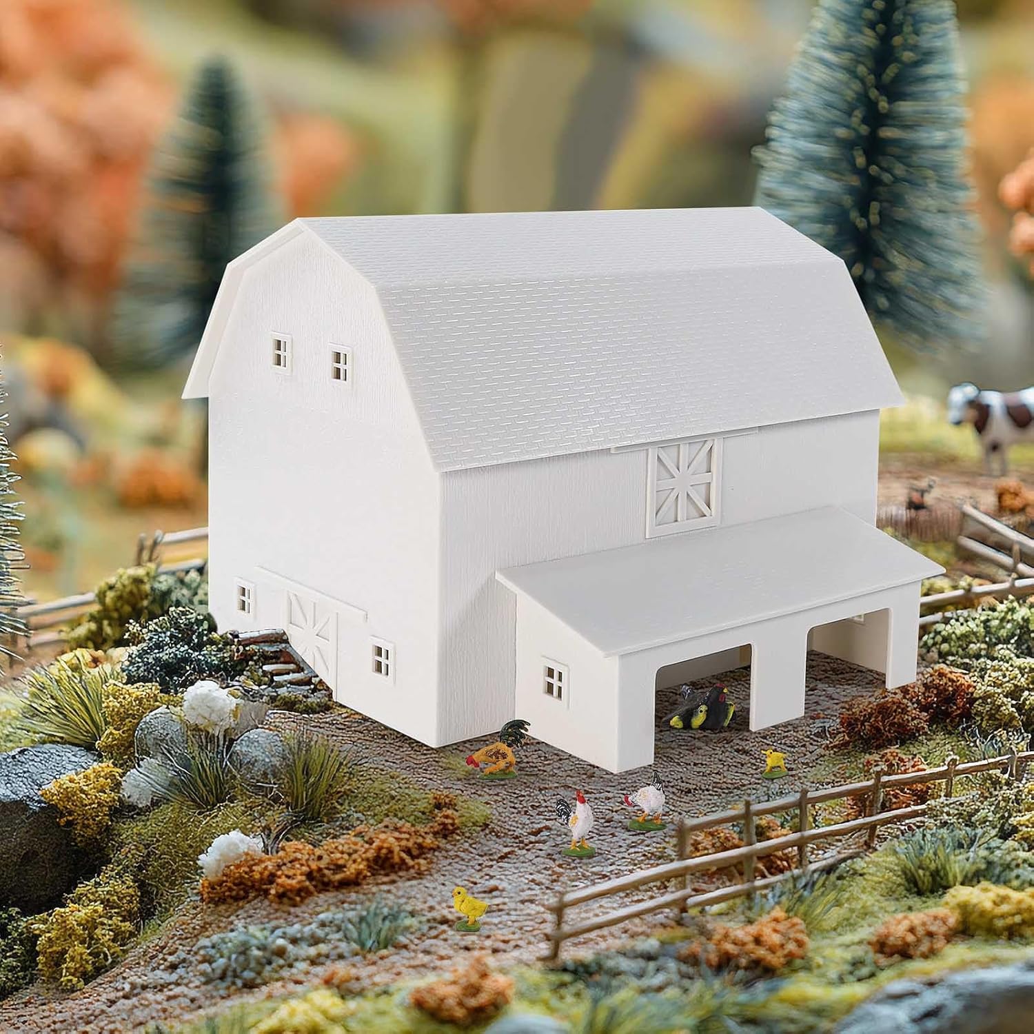 HO Scale Deluxe Barn Chicken Coop – Unbuilt Farm Building Kit for Model Layout (White)