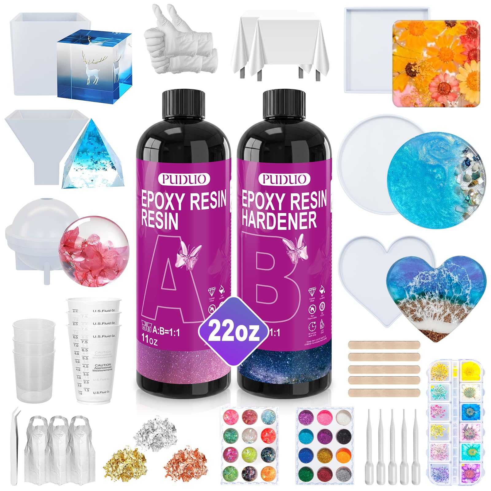 Puduo Kit de resina epoxi para principiantes de 22 onzas, kit de resina con moldes, kit de resina epoxi con flores secas, tazas medidoras y suministros de resinas, relación fácil de mezclar 1:1