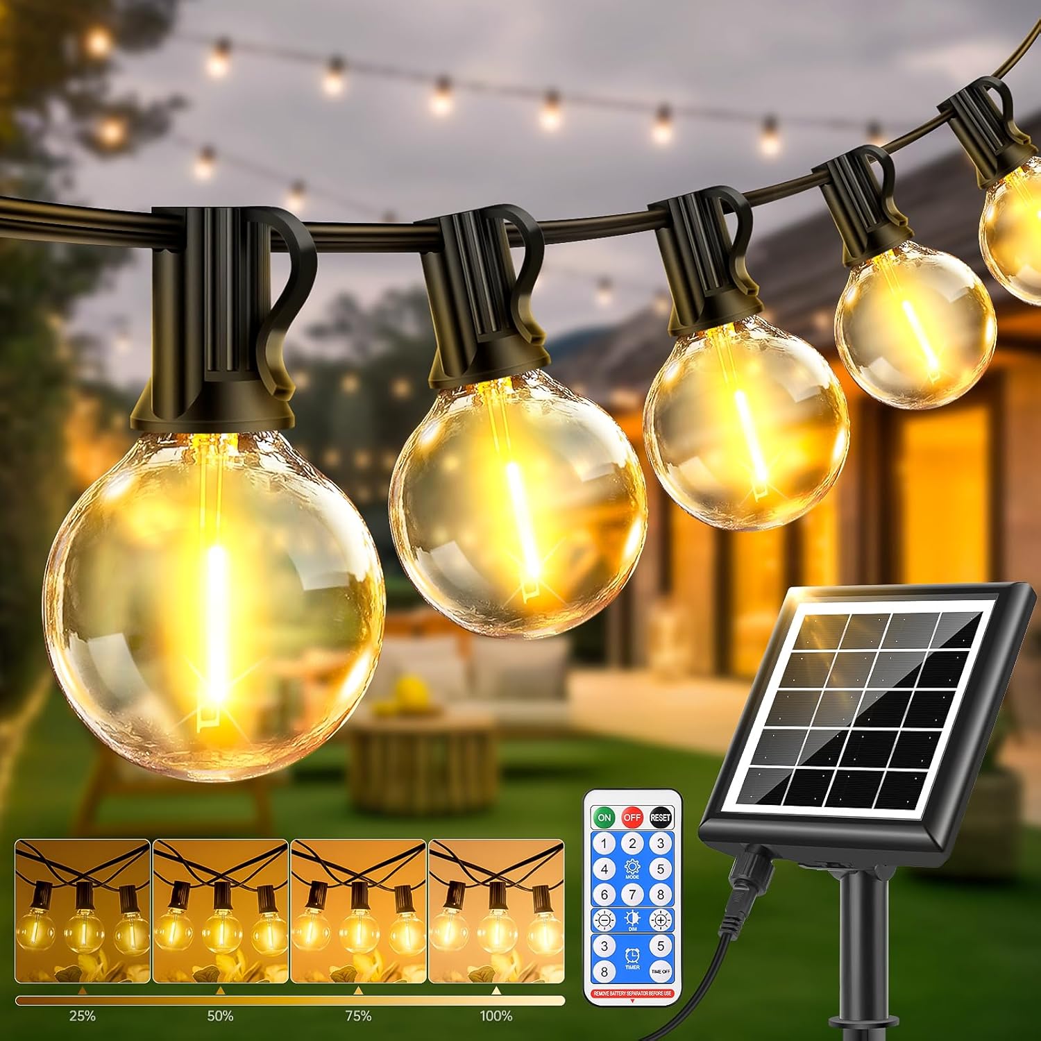 PBGMRT Dimmable Solar Outdoor String Lights – 30M/100FT G40 Solar Powered Garden Lights 38+2 LEDs, Remote 3 Timer 8 Modes Waterproof Outside Festoon Lights for Gardens Patios Fences Pergolas