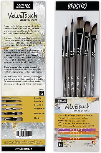 BRUSTRO VelveTouch Artist Brushes | Set of 6 | Gouache, Acrylics, Watercolor, and Oil Painting | Short Handle, Synthetic Bristles, Round, Filbert, Dagger, Flat Shape