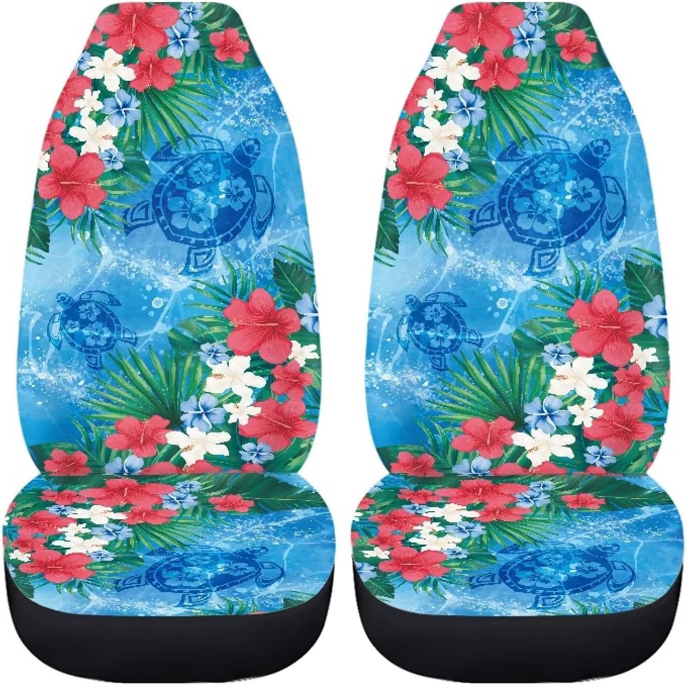 Tropical Car Seat Covers Full Set for Women Men,Hibiscus Flower and Sea Turtle Car Accessories Set of 4 High Back Front Seat Covers & Split Bench Rear Seat,Car Seat Protectors Durable Washable