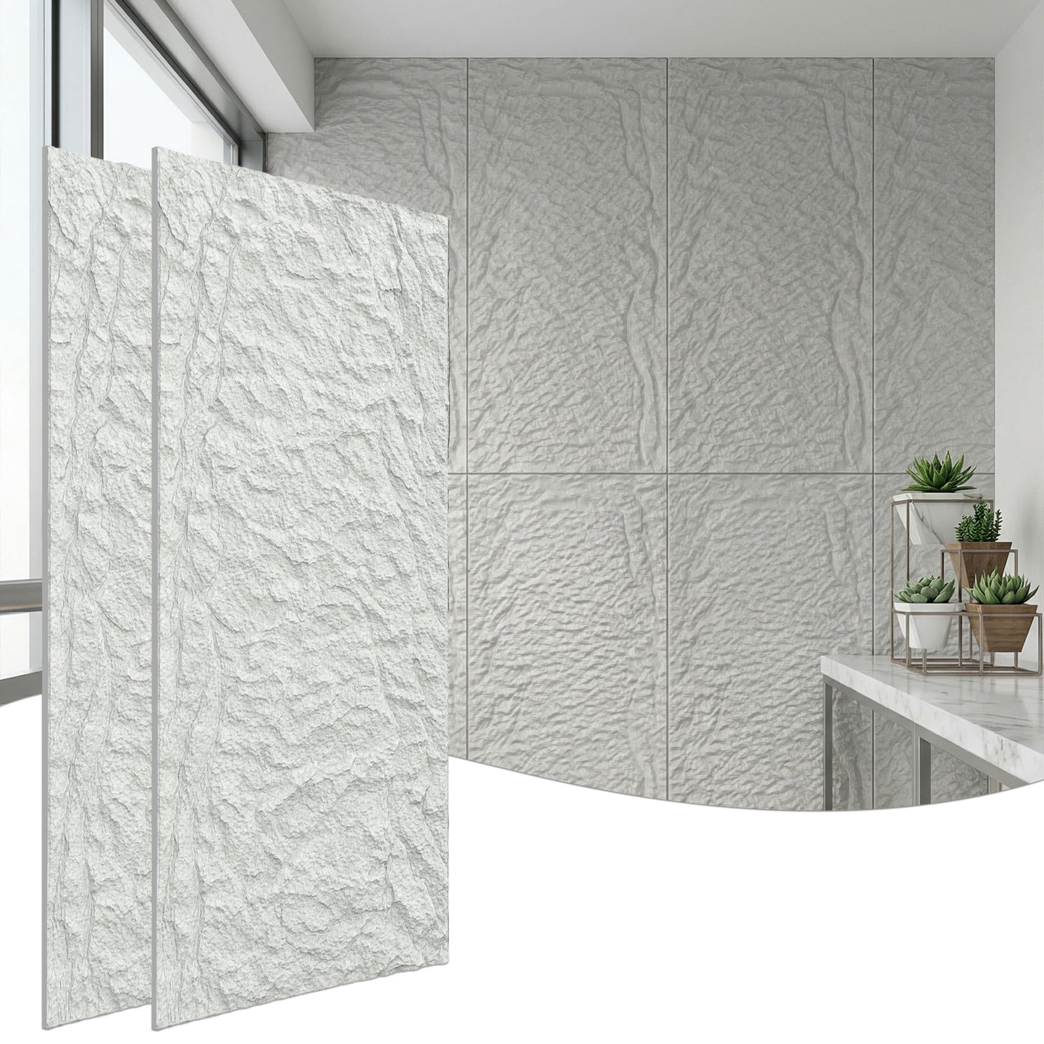 XMTECH 3D Wandpaneele PU Steinoptik 120x60cm Modell B Cremeweiß 2 Stück Set