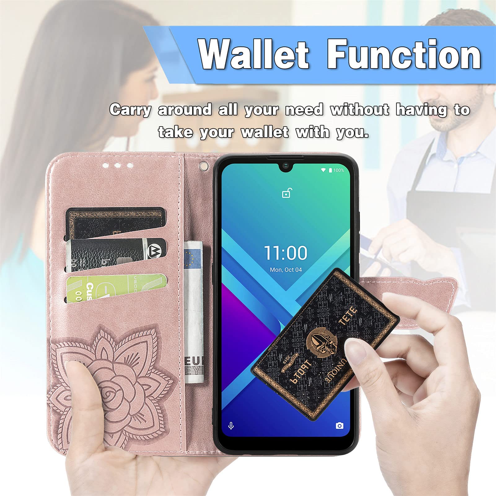 JIUNINE Cover Wiko Y82, Custodia Libro in Pelle Portafoglio Case Flip Antiurto con Disegni di Farfalla [Porta Carte] [Magnetica] [Interno TPU] per Wiko Y82, Oro rosa