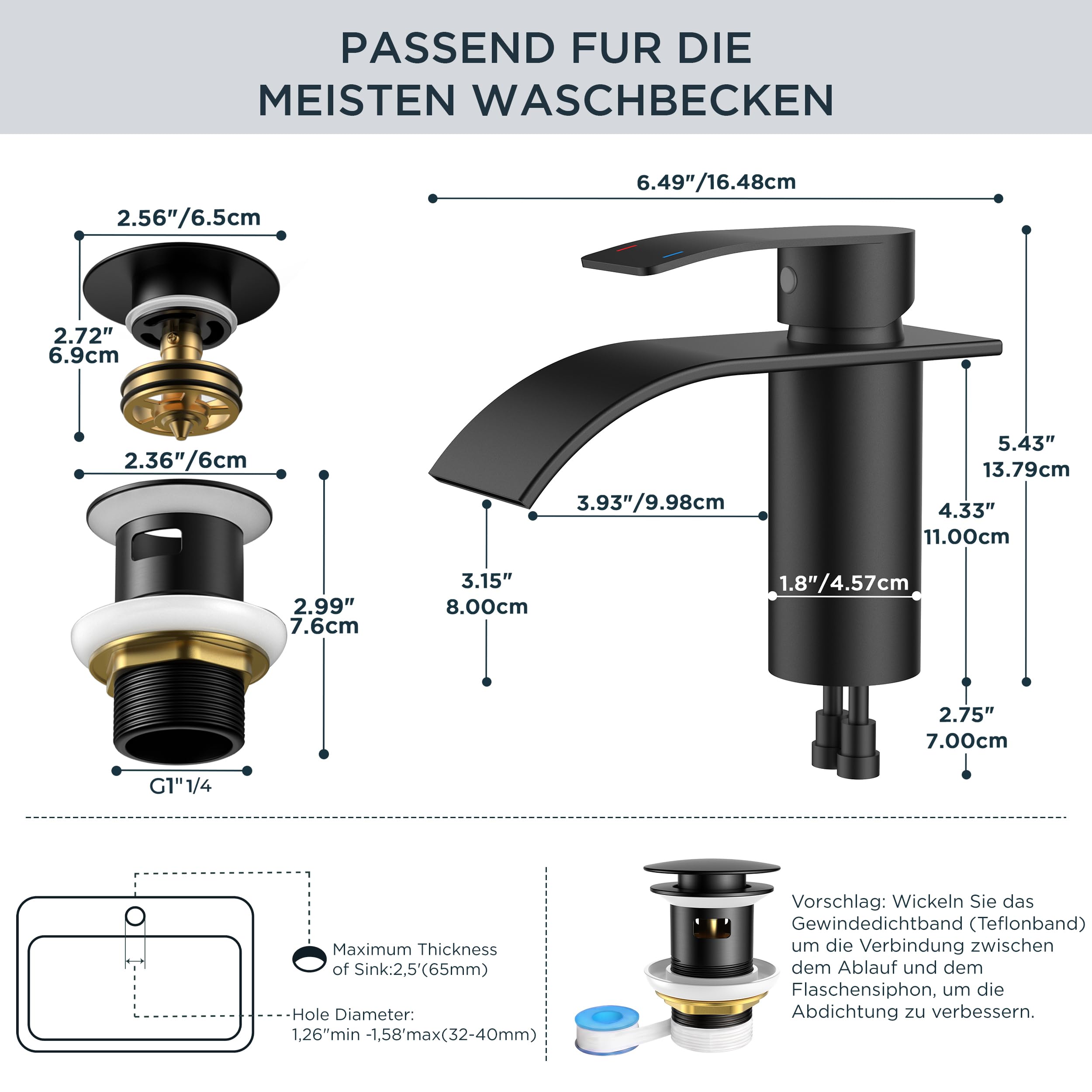 FORIOUS Wasserhahn Bad Schwarz mit Ablaufgarnitur, Edelstahl Wasserfall Waschbeckenarmatur mit Auslaufhöhe 80MM, Einhebel-Mischbatterie für Kaltes und Warmes Wasser im Badezimmer