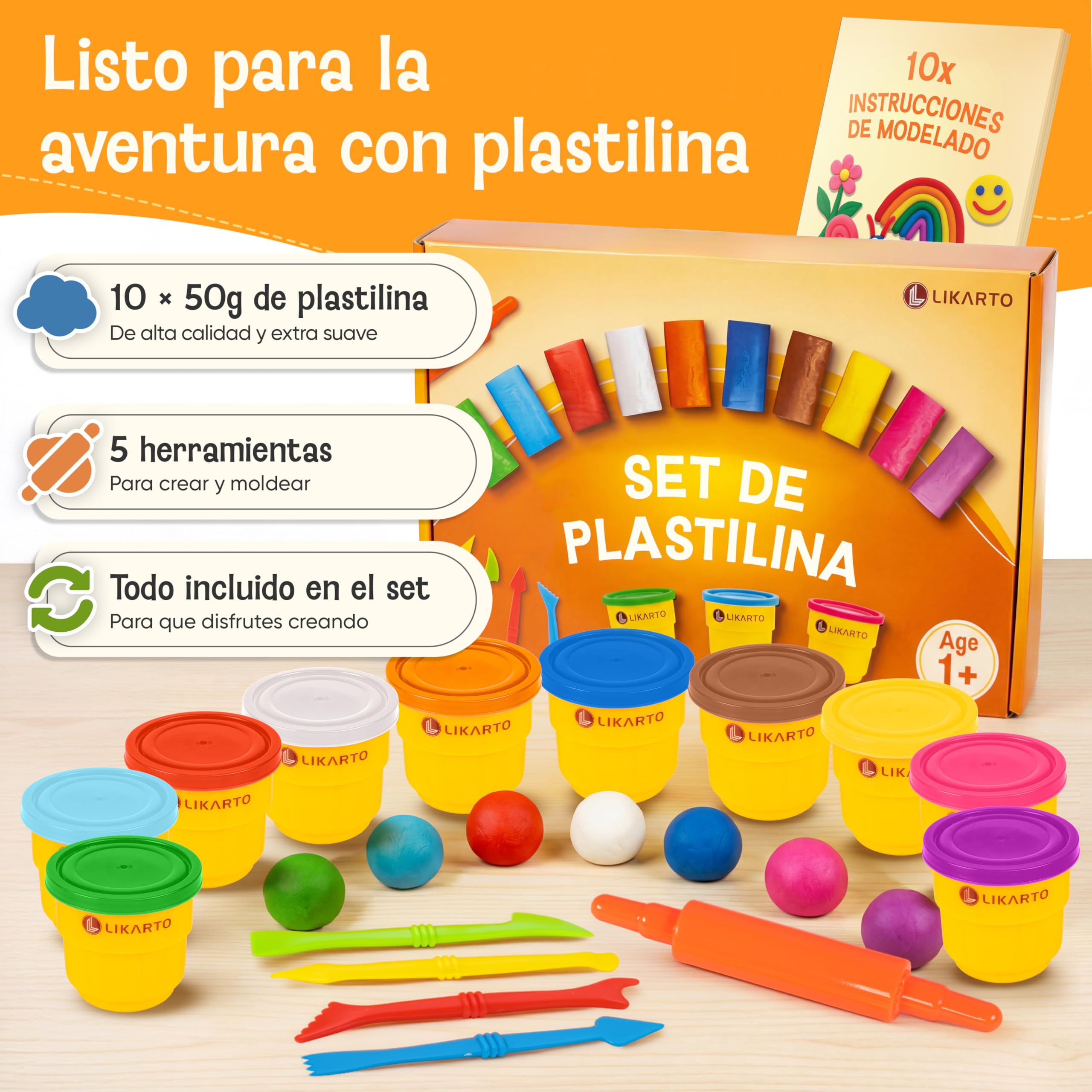 LIKARTO Set de plastilina Vegana para niños a Partir de 1 año – [10 Colores, 5 Herramientas, 10 Instrucciones de Modelado] – Plastilina Extra Suave y no tóxica – Juguete Creativo para niñas y niños - 3