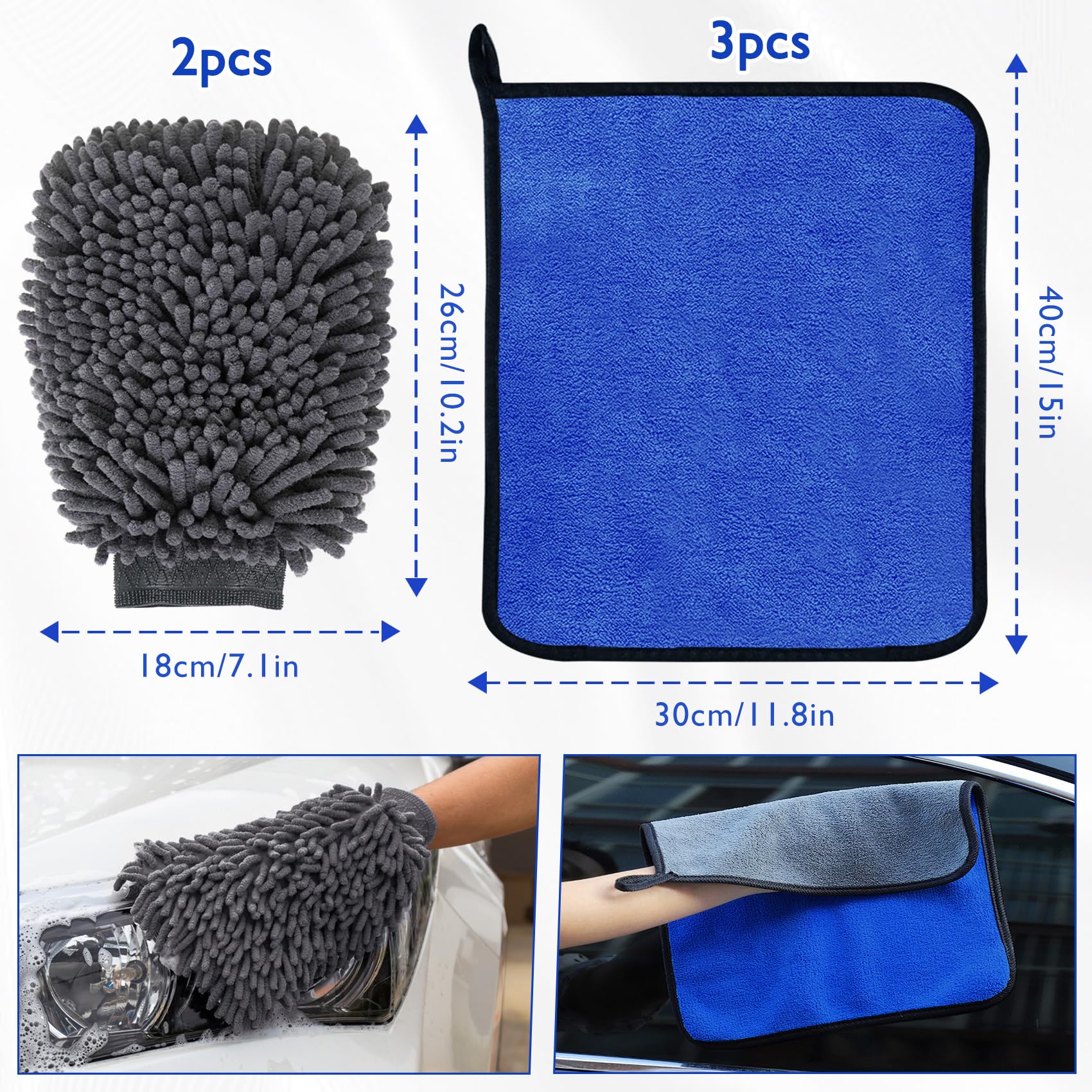 KALBIGRO Kit Pulizia Auto con 3 Pezzi Panno Microfibra Auto e 2 Pezzi Guanto Lavaggio Auto, 600 GSM Panno in Microfibra per Auto Super Assorbenti, Senza Graffi per Cura Auto Moto (40 x 30 cm) - 2