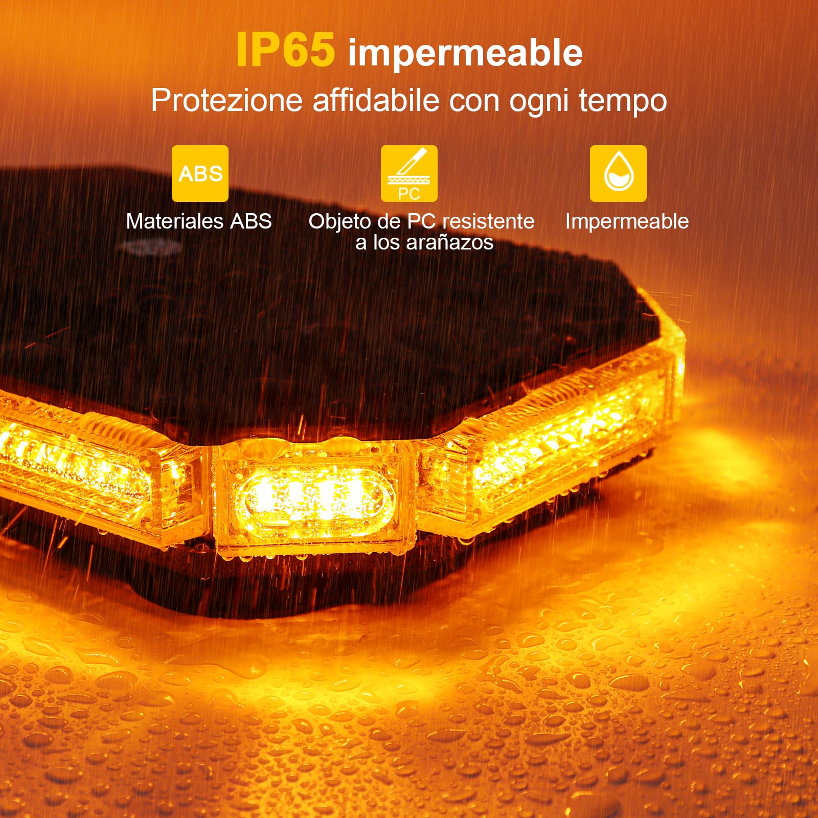 Luz LED Estroboscópica, 12V-24V, Base Magnética, Amarillo | Cable de 4,8m con Mechero, para Tractor, Camión, Grúa y Furgoneta, 20 Modos con Memoria, Impermeable IP65