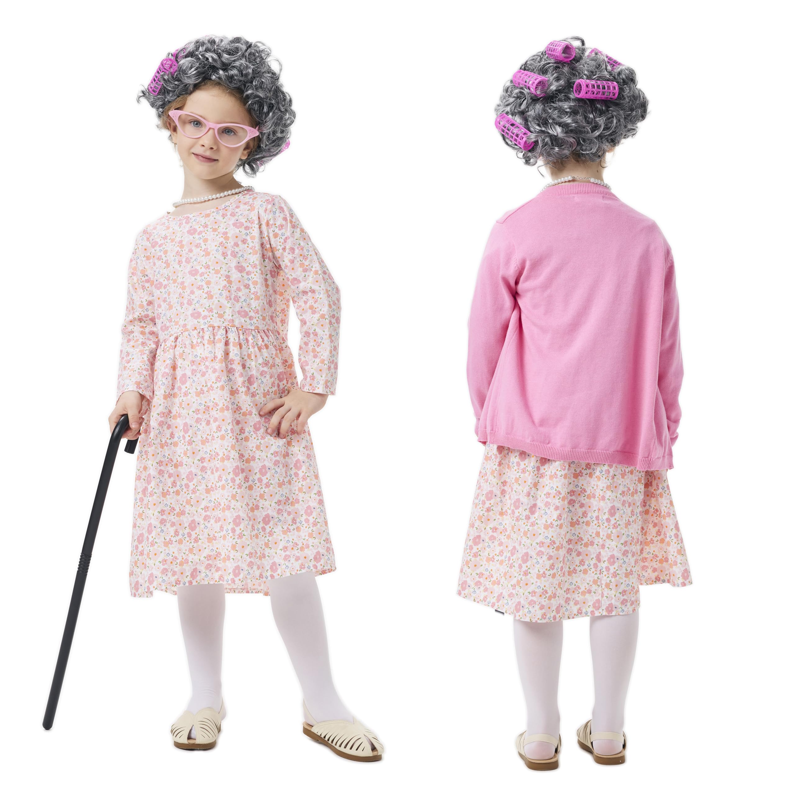JoyFuncos Granny Costume Kids Old Lady Fancy Dress Outfit Grandma Wig Dress Glasses Necklace Girls Cosplay for Halloween 100 Days of School World Book Day (Pink - Image 3