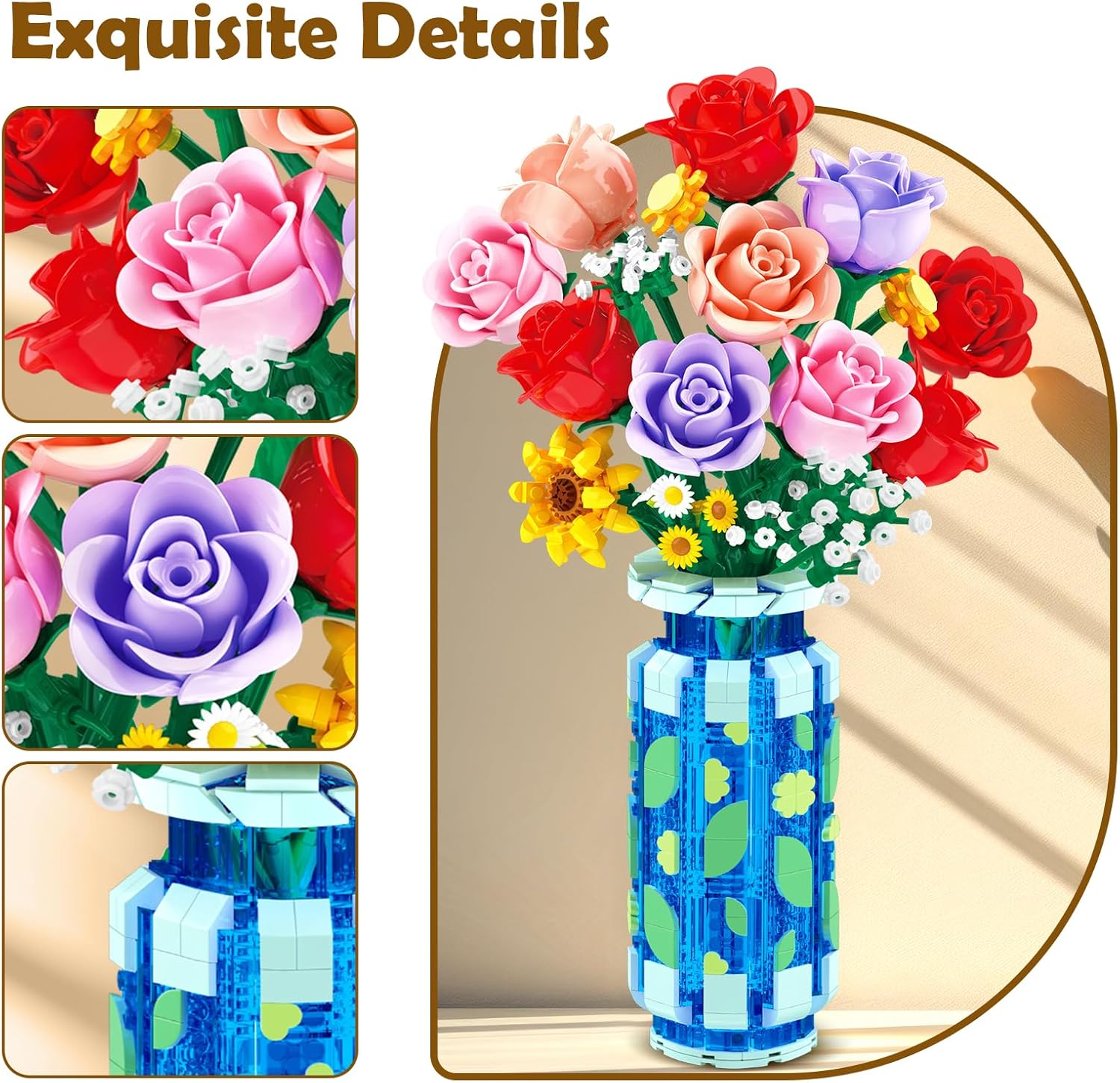 CUBIMANA Roses Flowers Building Set with Vase & LED Light, Gifts for Mothers Day - 16 Mini Flowers Bouquet Building Blocks Toy, Artificial Flowers for Home Office Decor & Display