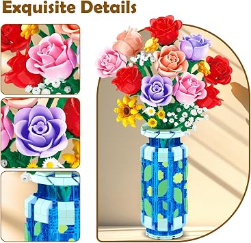CUBIMANA Roses Flowers Building Set with Vase & LED Light, 16 Mini Flowers Bouquet Botanical Building Blocks Toy, Gifts for Adults Kids, Artificial Flowers for Home Decor & Display