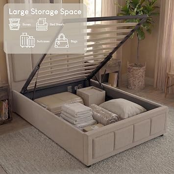 Vida Designs Valentina King Ottoman Bed Frame | Beige Linen | 105 H x 158 W x 212 D cm | Upholstered Fabric Headboard | Gas Lift | Large Storage | Slatted Base | Premium Bedroom Furniture