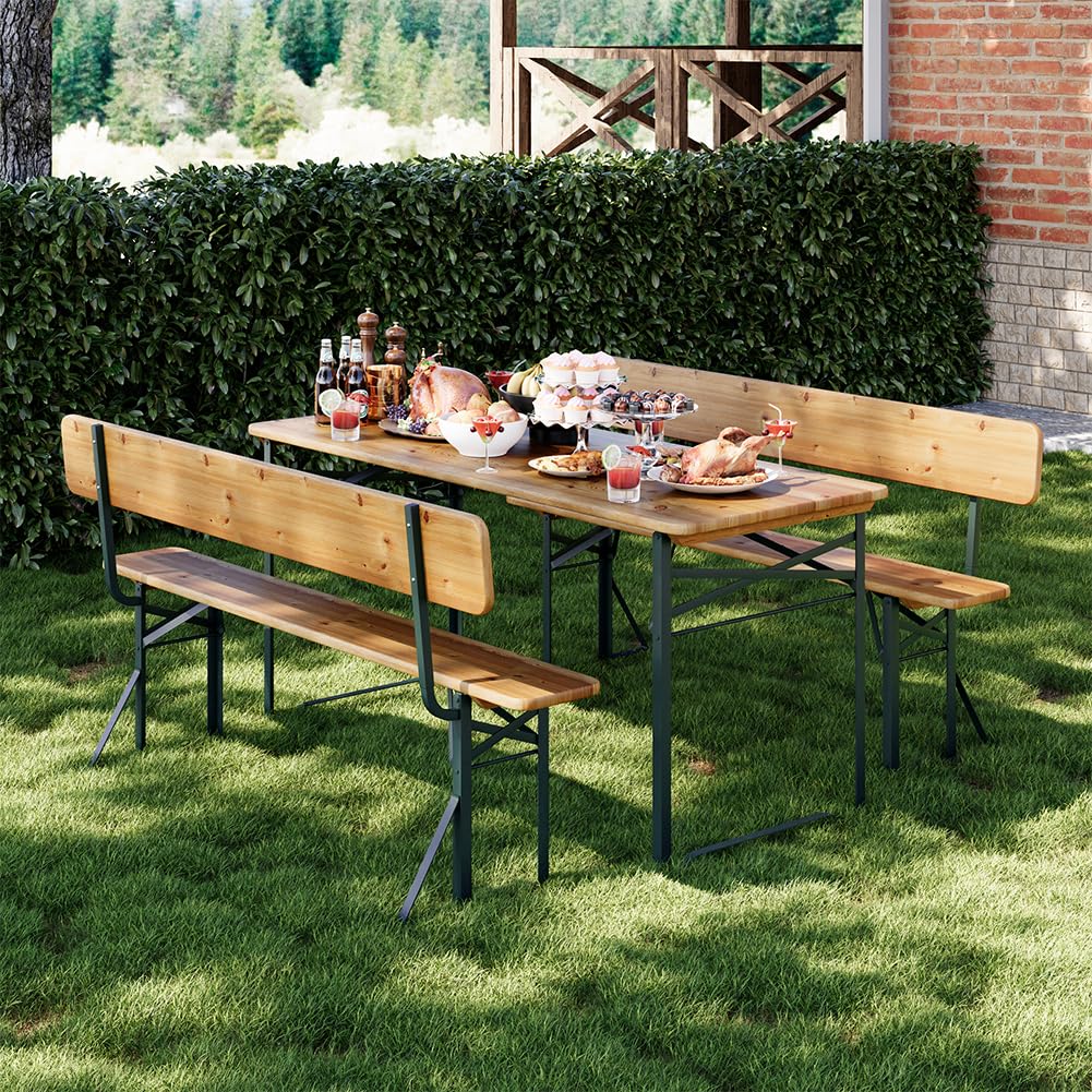 BAKAJI Set 3 Pezzi Birreria con Tavolo Pieghevole e Panche da Esterno, Struttura in Acciaio Comoda, Seduta Ergonomica e Resistente, Ideale per Giardino, Bar, Campeggio, Sagra (170 cm con Schienale)