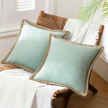Phantoscope Pack of 2 Farmhouse Decorative Throw Pillow Covers,Solid Pattern for Home Burlap Linen Trimmed Tailored Edges Light Turquoise 18 x 18 inches, 45 x 45 cm