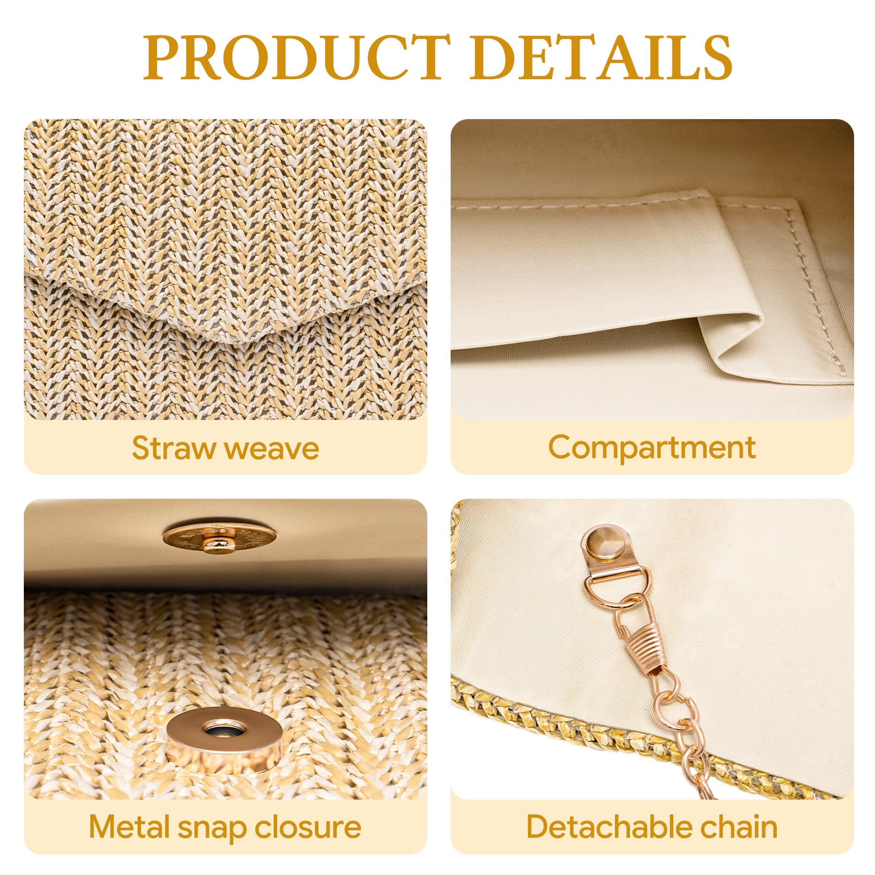 Larcenciel Pochettes et Clutches Femme en Paille, Sac Paille Beige avec Chaîne, Sac à Main de Plage Bohèmes Tissées pour Party