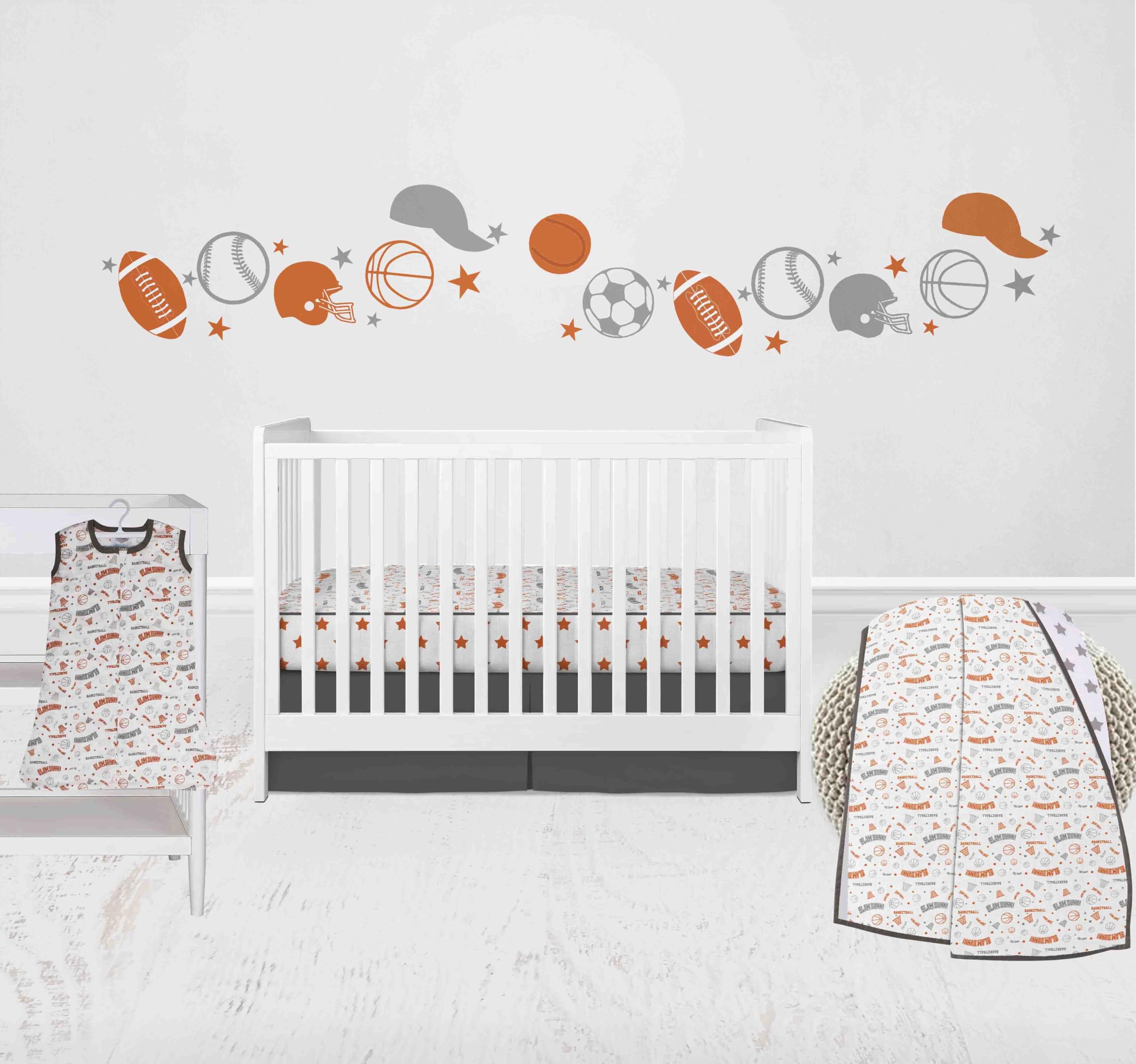 Bacati - Basketball 4 Piece Baby Boy Muslin Crib Bedding Set with Wearable Blanket Orange/Grey