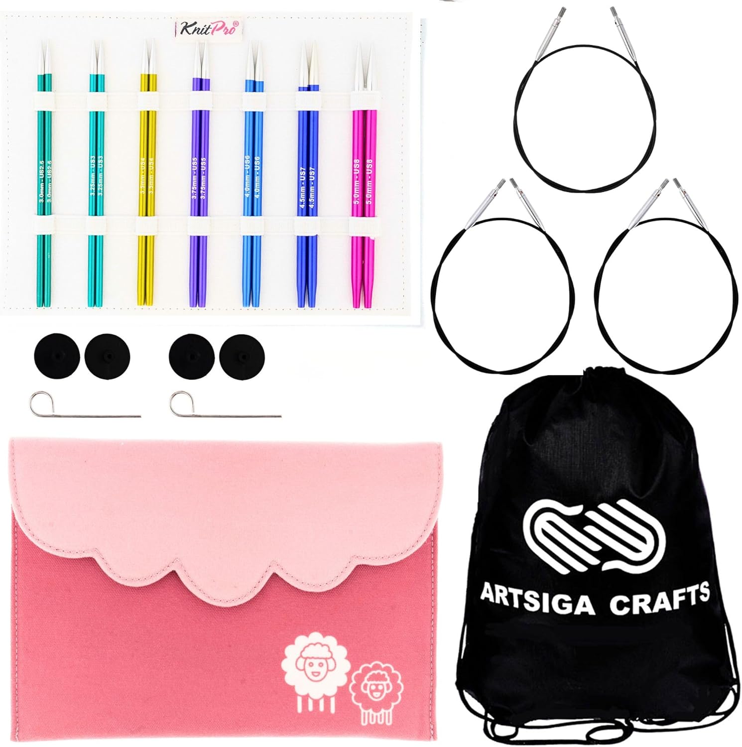 KnitPro Zing Midi Set 4 inch Circular Knitting Needles Size 2.5, 3, 4, 5, 6, 7, 8 Interchangeable, 3 Cables, 2 Connectors, 4 Caps, 2 Keys, Fabric Case with Project Bag
