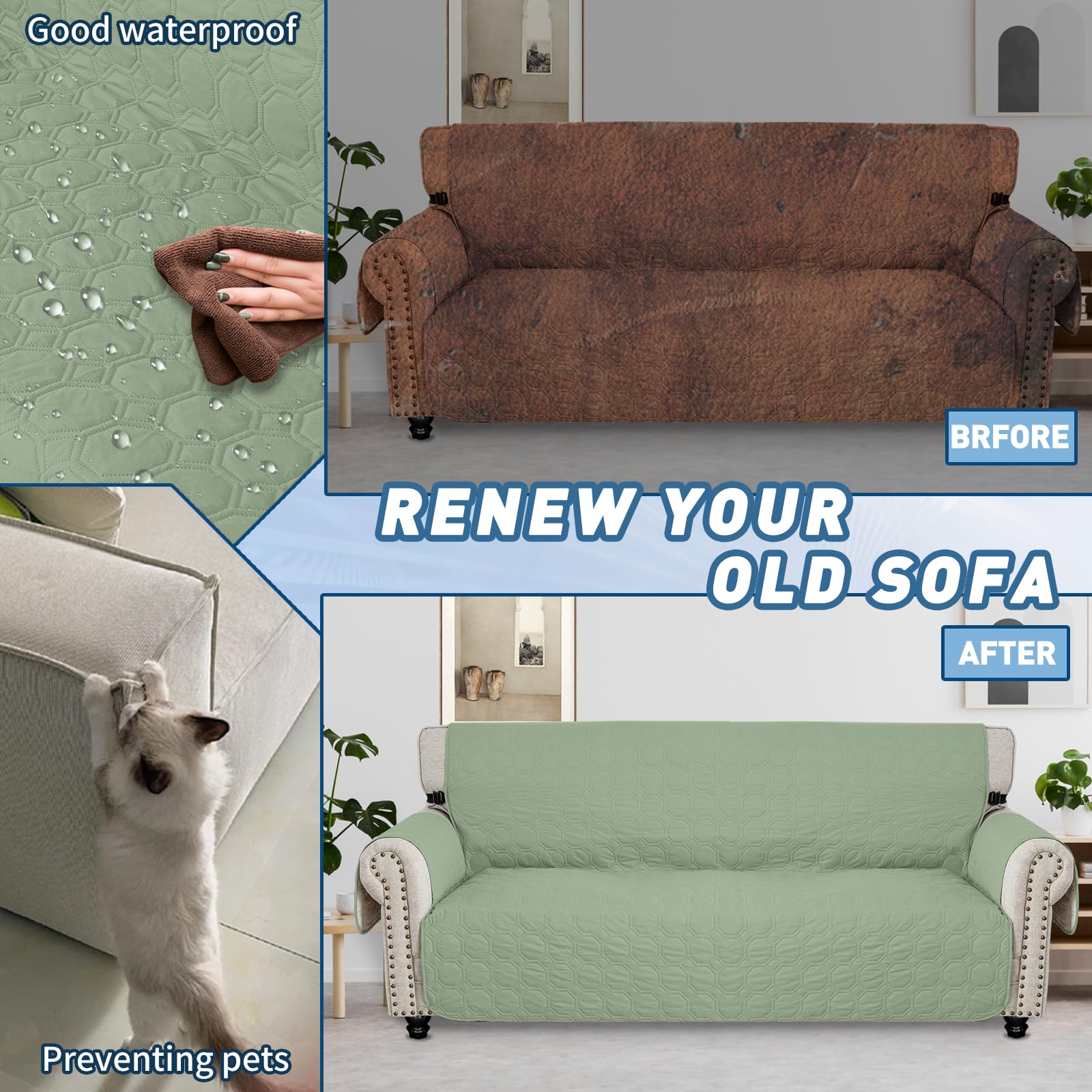 Ystyle Copridivano Impermeabile 3 Posti Con Braccioli, Copri Divano Antigraffio Gatto Con Tasche Laterali, Sofa Cover Antiscivolo, Universale Copridivani Mobili Protector, Verde Menta