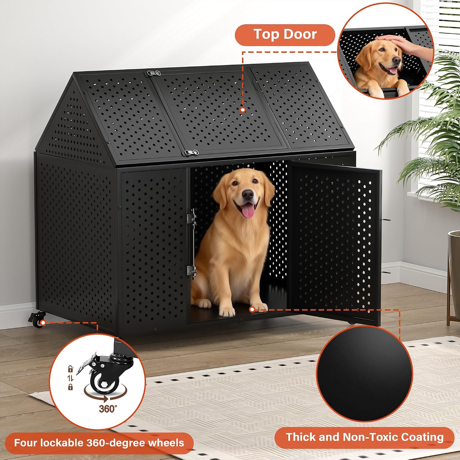 Rexwelten 48 inch Heavy Duty Dog Crate with Self-Locking Latch, Extra Large Kennel with Pointed Roof, Indestructible and Escape-Proof Dog Cage for High Anxiety Dogs, XXL Dog House