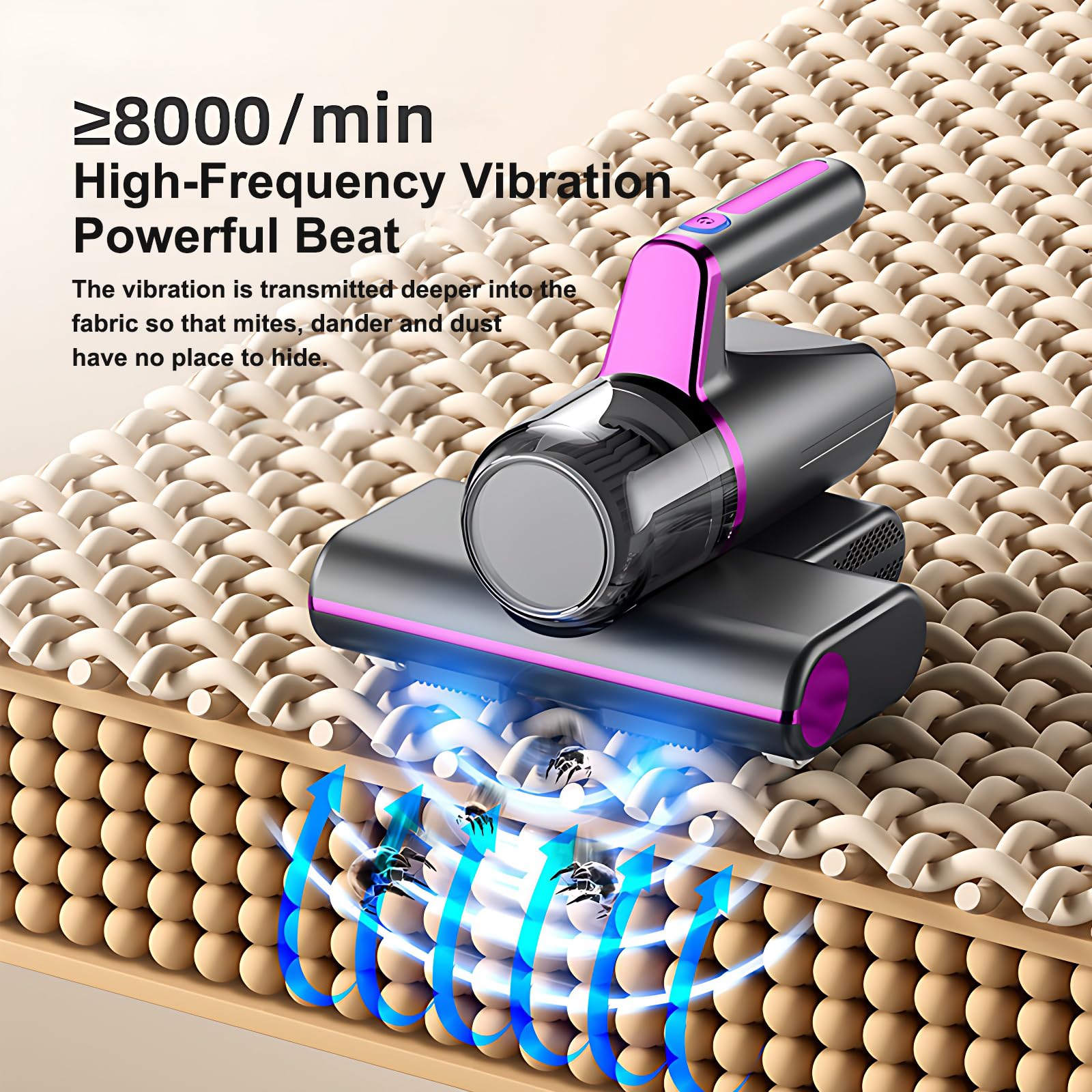 Aspirador de ácaros 14 kPa, velocidad de esterilización con lámparas UV LED, aspirador de colchón con detergente y vibración de alta frecuencia