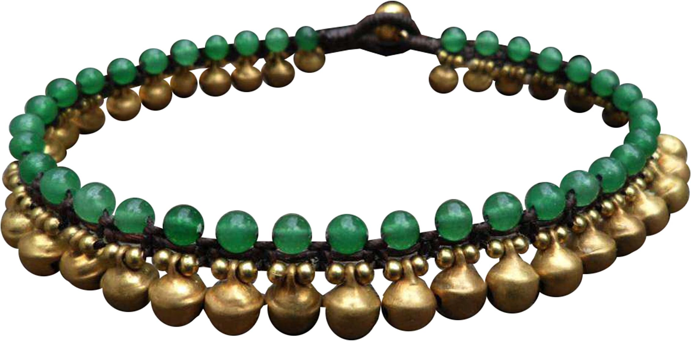Infinityee888 Trendy Fashion Anklet Green Jade and Brass Bell Ankle Bracelet 10 Inches Woven with Wax Cord Beautiful Handmade Hippie Bohemian Style