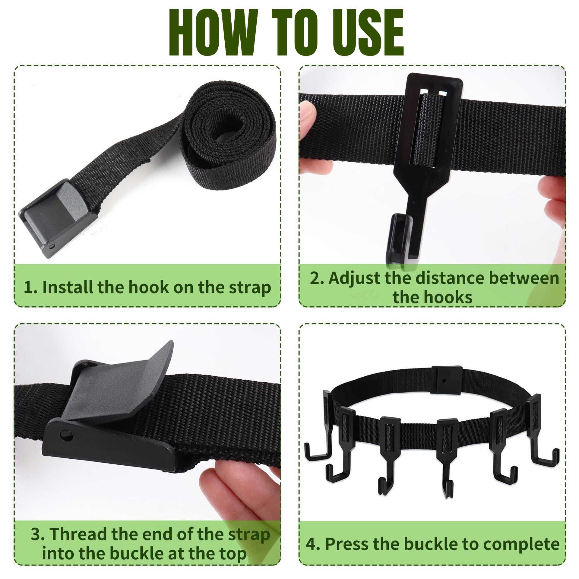 Colgadores para Árboles de Equipo de Caza, Negro Gancho con Correas de Trinquete, Soportes de Silla de Árbol Resistentes, Soporte para Árbol al Aire Libre para Caza (1 Correa con 6 Ganchos)