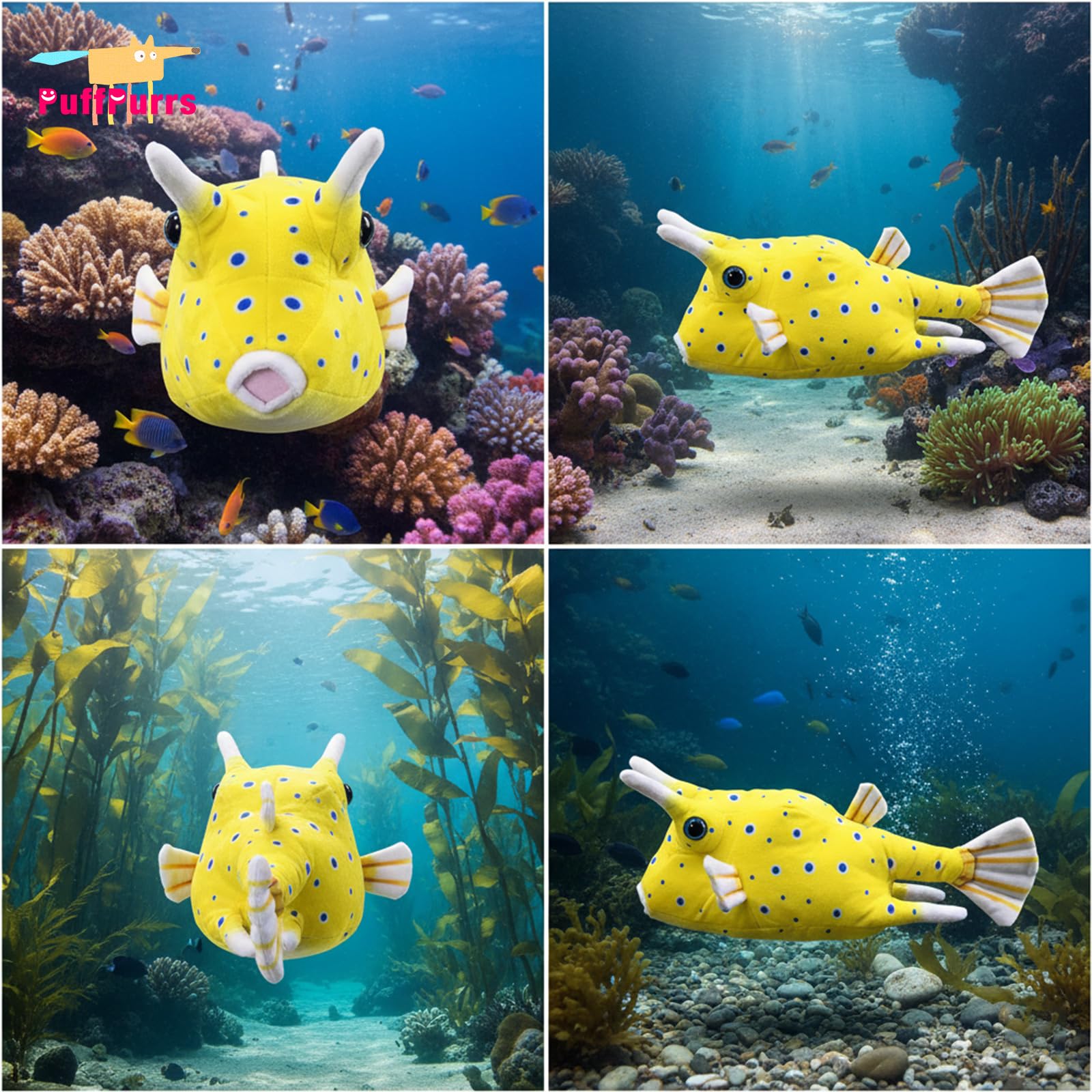 PuffPurrs Longhorn Cowfish Plush - Lifelike 3in Yellow Reef Fish Toy, Realistic Boxfish Plush Gift for Ocean & Nature Lovers - Image 3