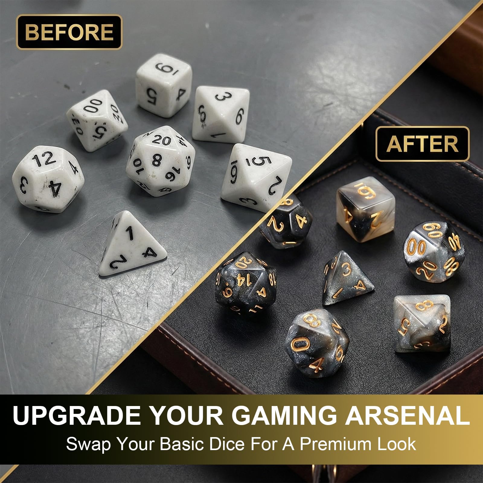 Juego 7 dados DND para Dungeon and Dragons, D&D, juegos rol, Pathfinder, juegos mesa - dados poliedros en tonos negros transparentes - combinación colores en negro, blanco y dorado