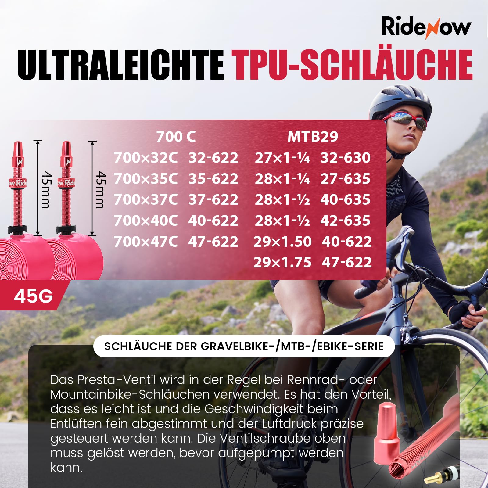 RideNow Lot de 2 chambres à air en TPU Gravel 700 x 32-47C VTT 27-29" ultra