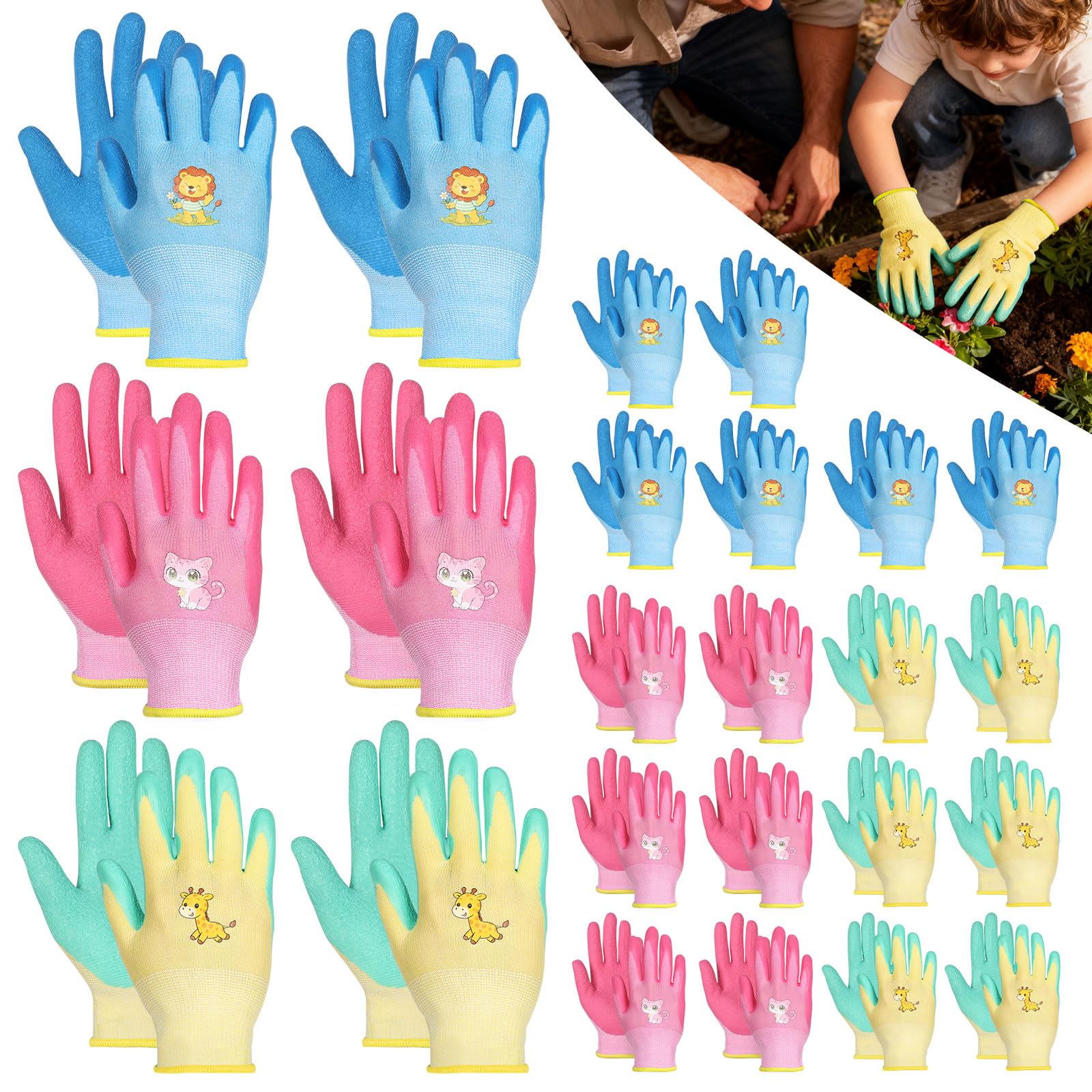 24 paia di guanti da lavoro per bambini, guanti da giardinaggio in tessuto elastico, guanti protettivi per bambini, con rivestimento sul palmo, per fai da te, per lavori domestici, pittura, attività