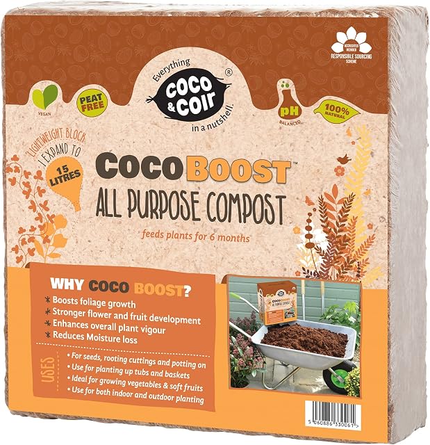 Coco & Coir Peat-free Compost. Potting Compost with 6 months Nutrition. Coir Soil for Plants Indoors / Outdoor- Coco Boost (75L) (15L / 1KG)