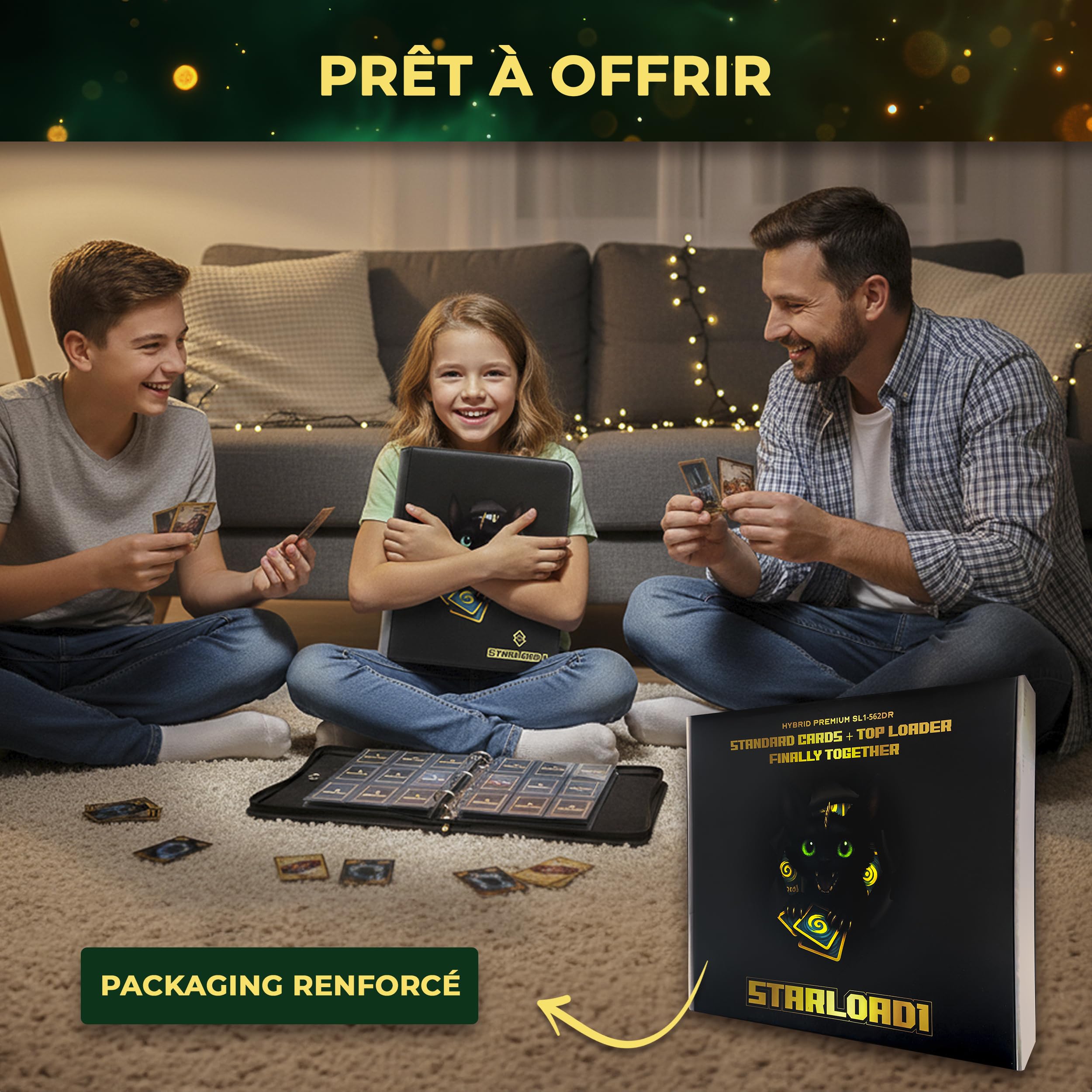 Classeur carte 562 pochettes — Espace toploader intégré — Intercalaires inclus pour tri rapide — Compatible cartes TCG, sleeves, double sleeves — Fermeture zip