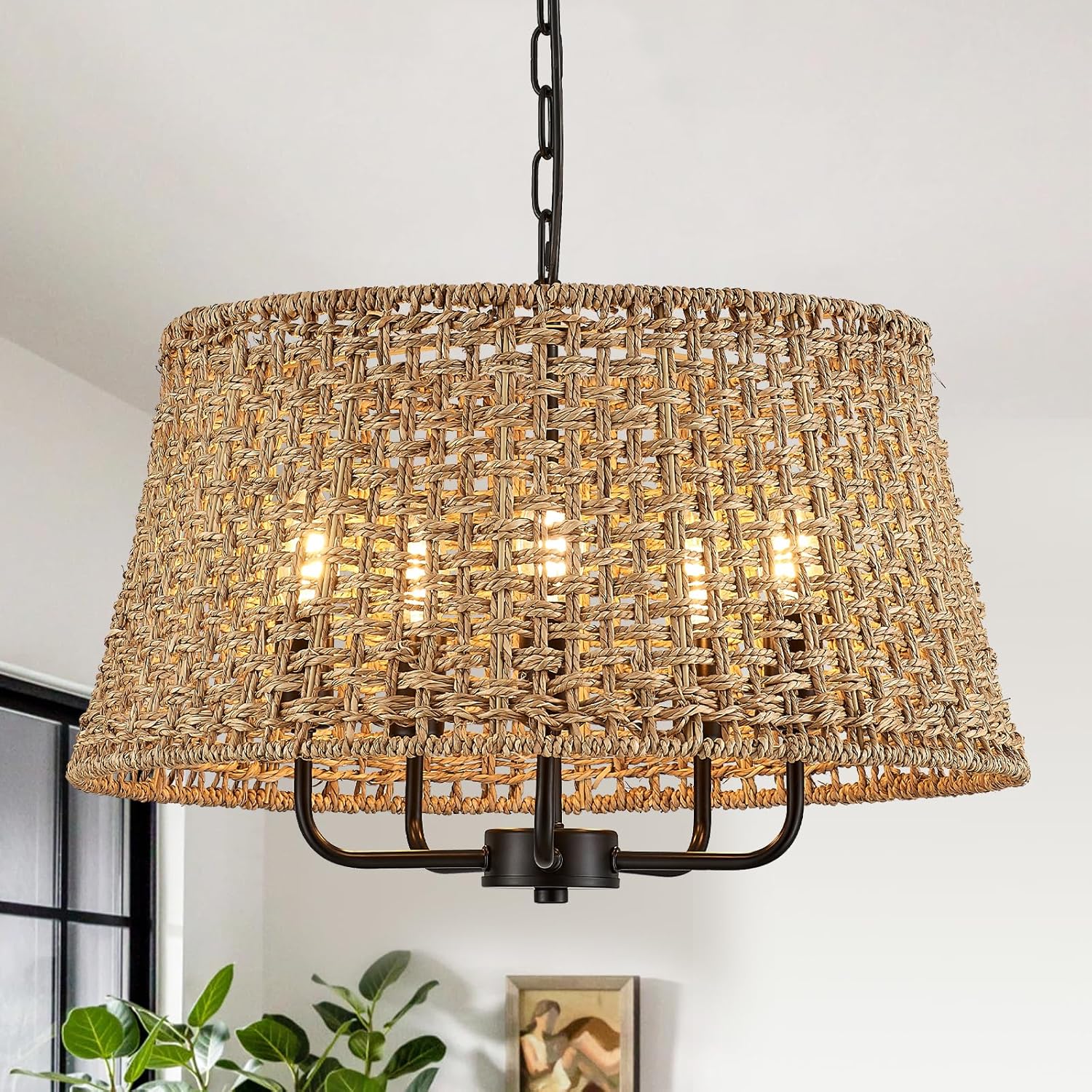 Hand-Woven Rattan Chandelier Vintage Farmhouse Boho Bamboo Chandeliers Light Fixture Retro Drum Wicker Rattan Black Chandelier for Dining Room, Kitchen, Living Room