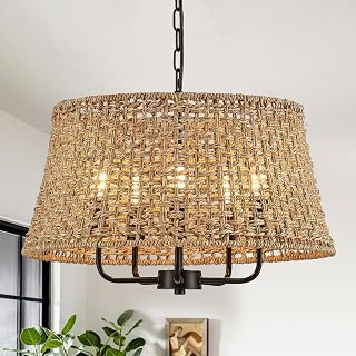 19.7" Boho Rattan Chandelier, 5-Light Black Wicker Light Fixture