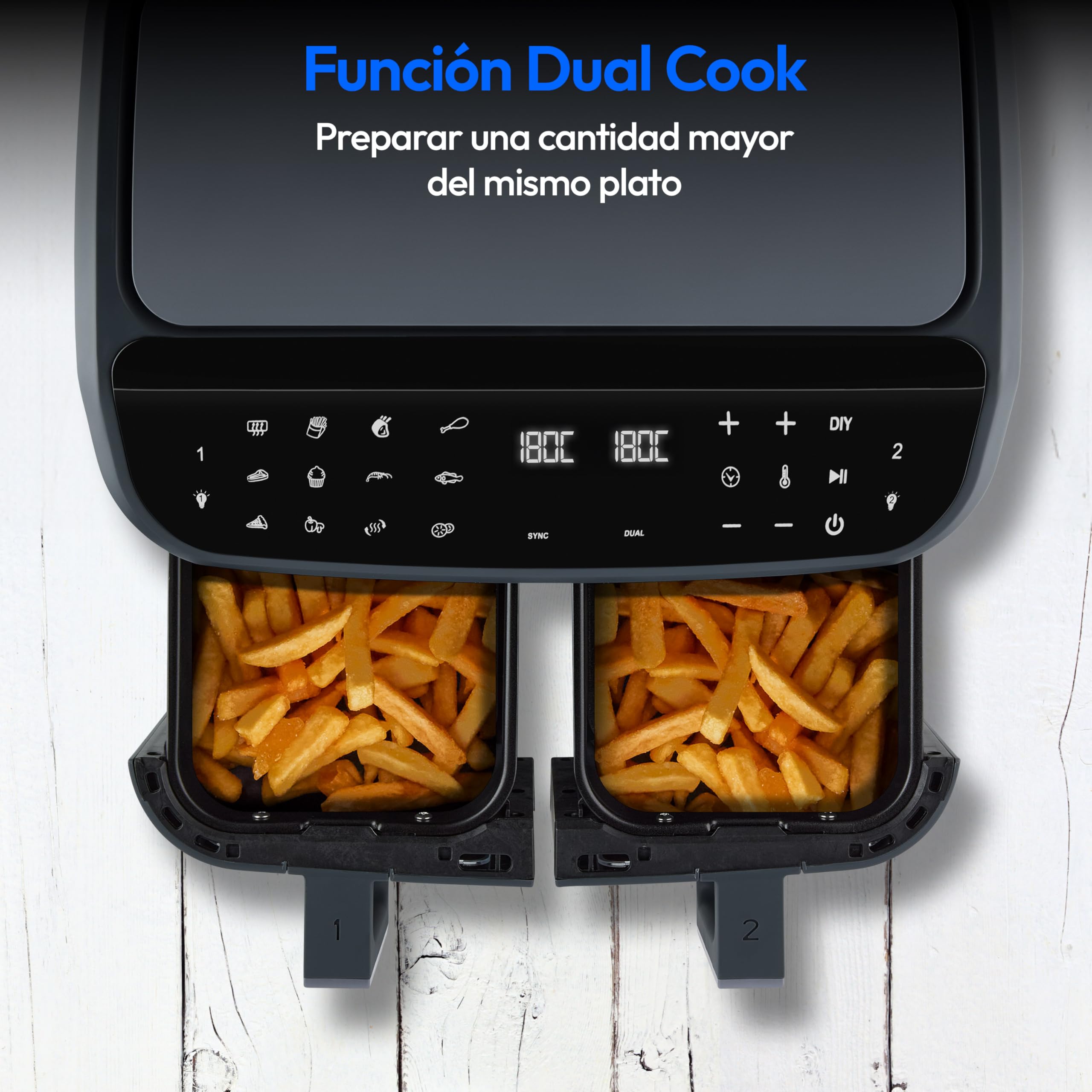 MEDION P20 XXL Freidora de Aire Doble Cesta MD11760 Gris Mate | 8,7 L, 2600 W, 10 Programas, 2 Cajones, Ventana, Air Fryer Dual XXL