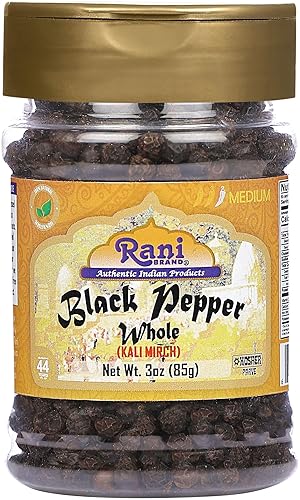 Rani - Tarro de PET de pimienta negra entera (granos de pimienta), grado MG-1 de 3 onzas (3.00 oz), totalmente natural, apto para gluten, sin OMG,