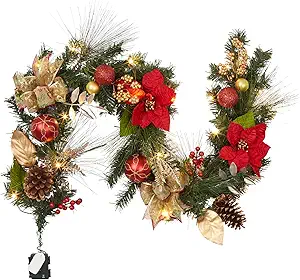 GarveeHome Prelit Christmas Garland for Mantle, 6ft Battery Operated Xmas Garland with 20 LED Lights Timer Red Gold Balls for Fireplace Stair Railing TV Stand Indoor Outdoor Holiday Decor