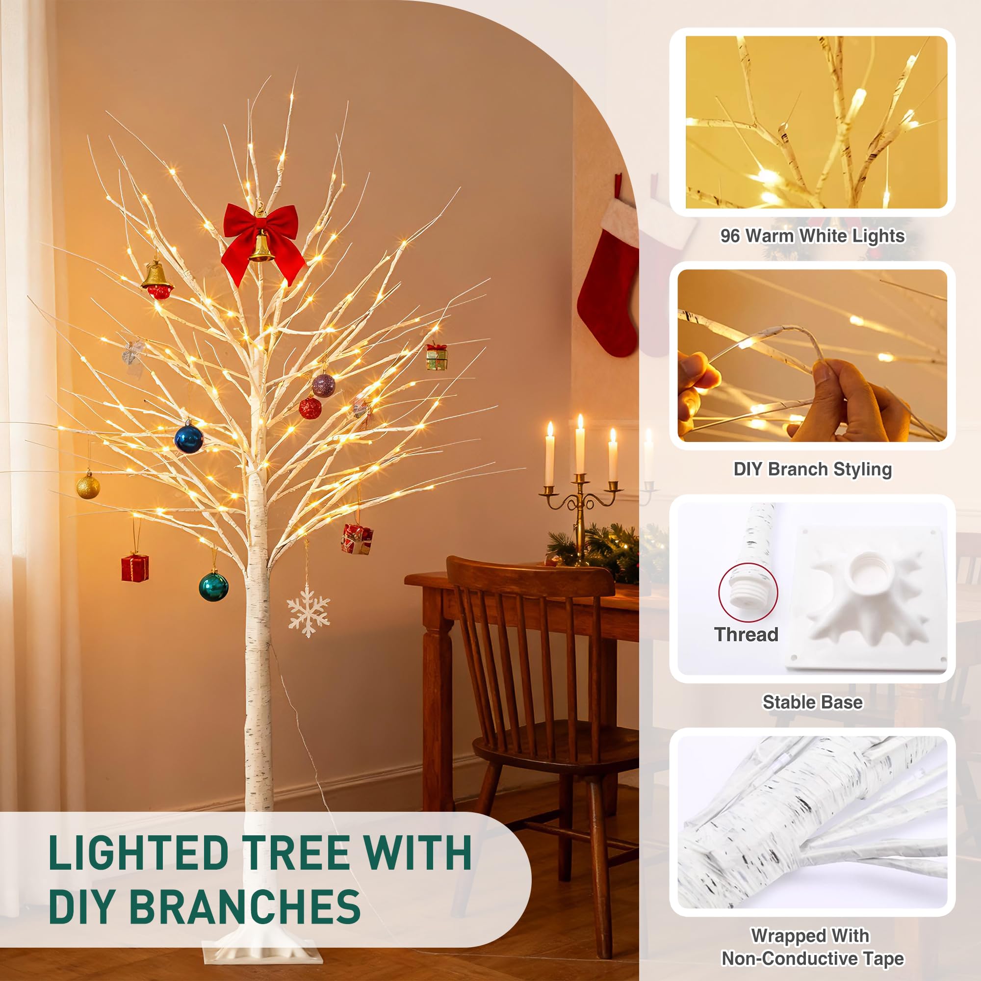1,5 m beleuchteter Birkenbaum mit 96 LED-Lichtern für Urlaubsdekoration, DIY künstlicher Baum für Zuhause, Hochzeit, Schlafzimmer, Weihnachten (warmweiß), ideal für Innen- und Außendekoration