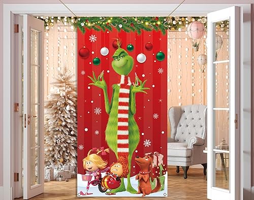 Miniatura 6 de Sunwer Merry Grinchmas - Cubierta de puerta verde Whoville para decoración de fiesta de invierno, decoración de porche frontal, cartel de telón de