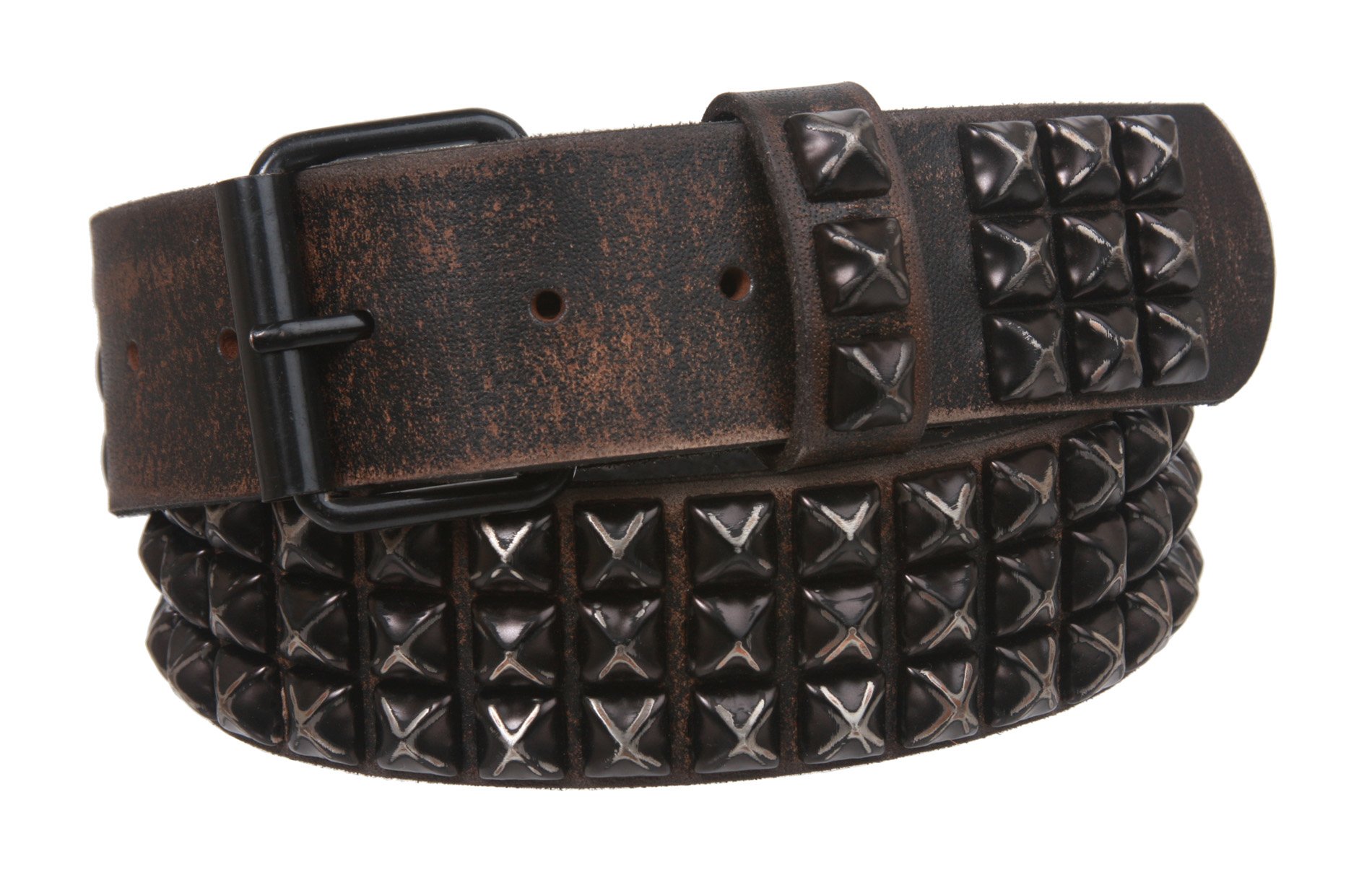 beltiscoolSnap On Three Row Punk Rock Star Black Studded Cowhide Leather Hammered Belt