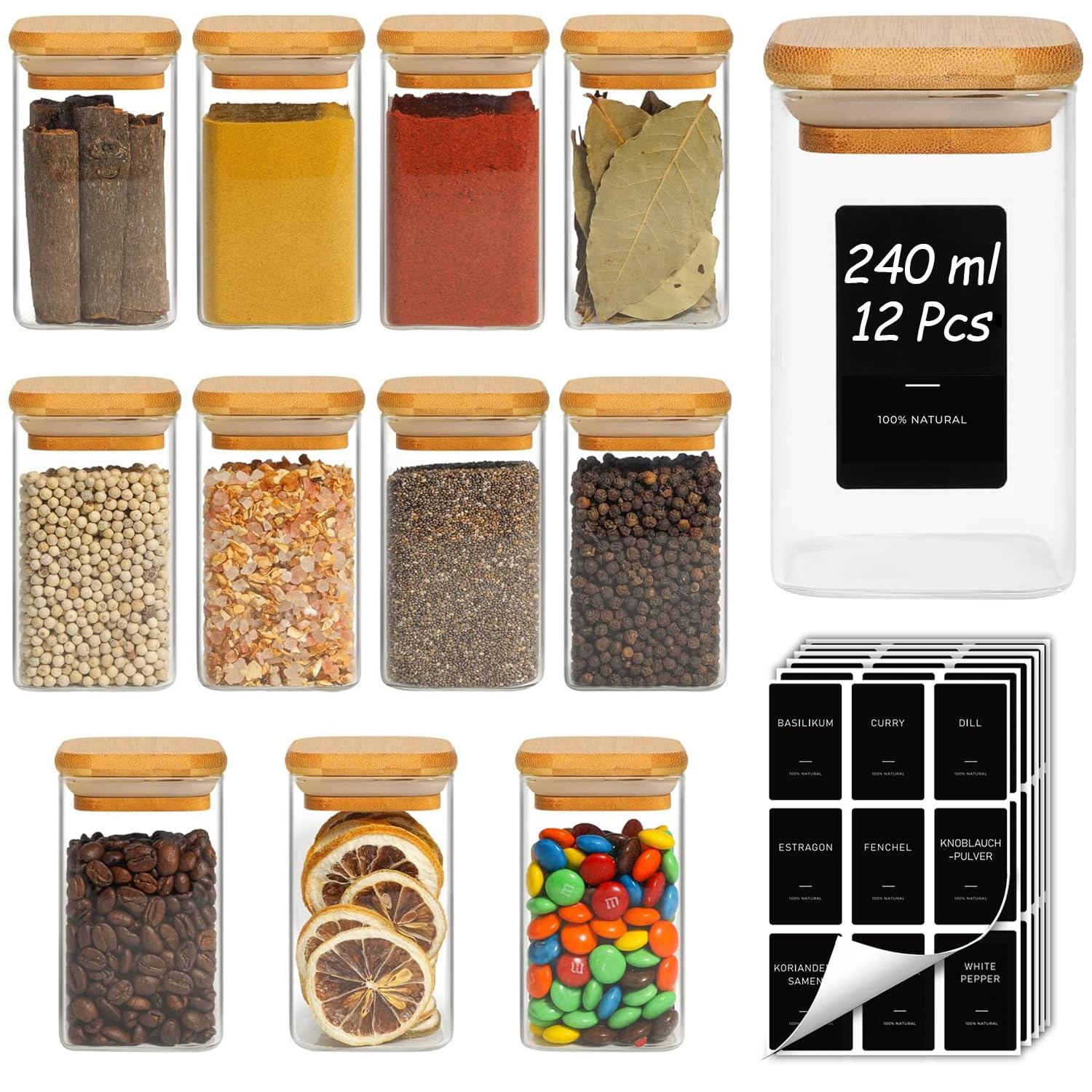 ComSaf Gewürzgläser Eckig 12 x 240 ml, Gewürzgläser aus Glas mit Bambusdeckel, Luftdichte Gewürzbehälter mit 54 Etiketten, für Gewürze, Tee, Vorräte, Vorratsschrank und Küche