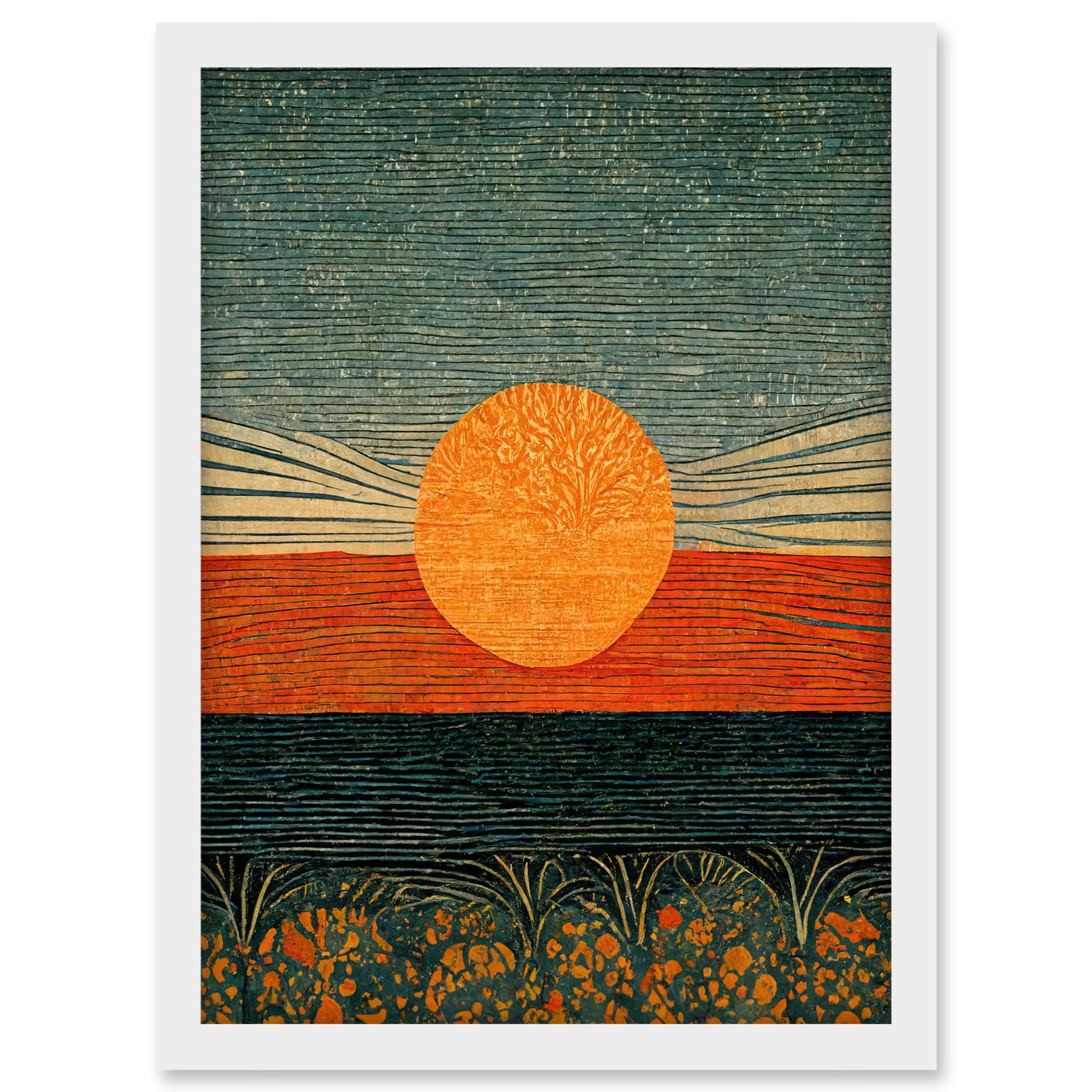 Doppelganger33 LTD William Morris Style Sunrise Over Sea Abstract Artwork Framed A3 Wall Art Print