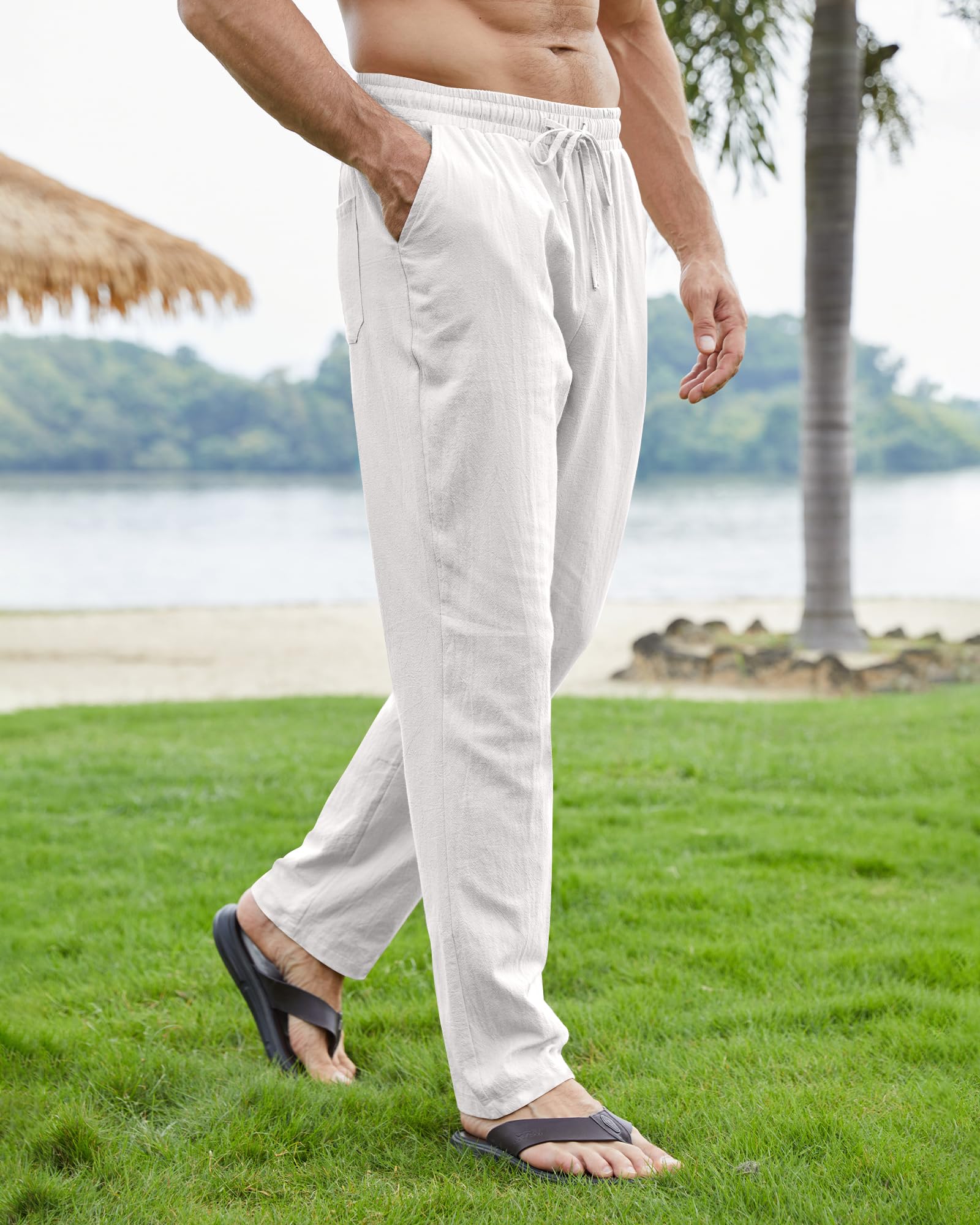 NANAMEEI Pantalon Coton Lin Homme Décontractés de Plage Léger Été Casual Yoga Pants avec Cordon Elastique Grande Taille