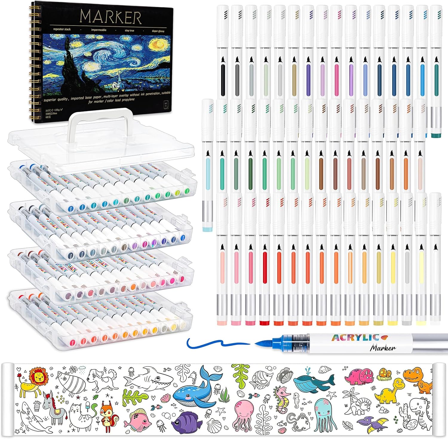 48 Colors Acrylic Paint Markers Set, Automatic Ink Control Acrylic Paint Pens with 4A Sketchbook and Painting Coloring Paper Rolls, Non-Bleed, Waterproof, Quick-Drying, for Rock Painting, Canvas, Wood