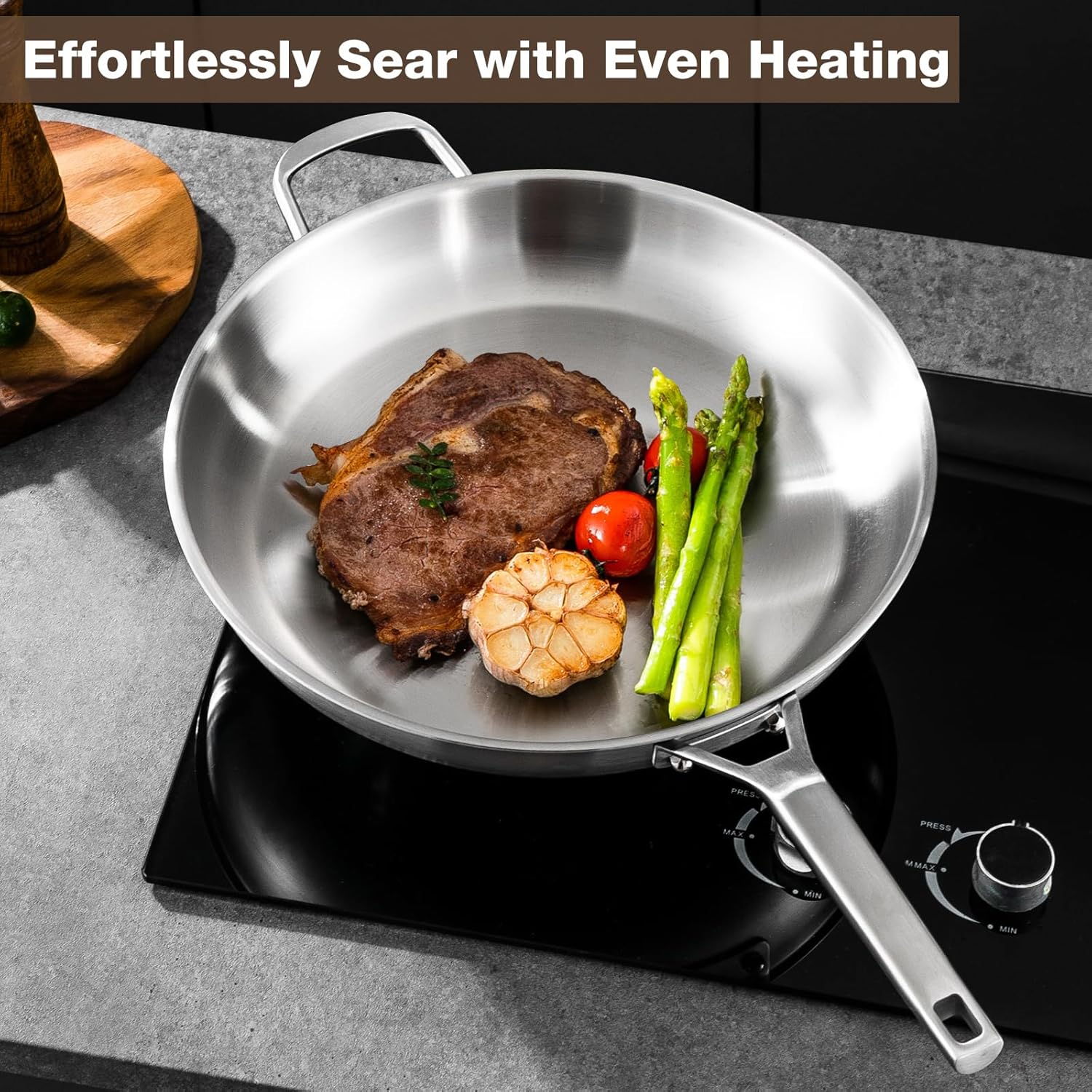 Stainless Steel Pan,14 inch Frying Pan, Heavy Duty, Large Frying Pan, Fast & Even Heating, Up to 650°, Oven & Dishwasher Safe,Compatible with All Cooktops - Image 5