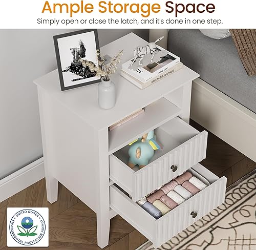 Miniatura 4 de RoyalCraft - Mesita de noche con estación de carga, con 2 cajones de almacenamiento, mesa auxiliar alta con diseño acanalado de madera para