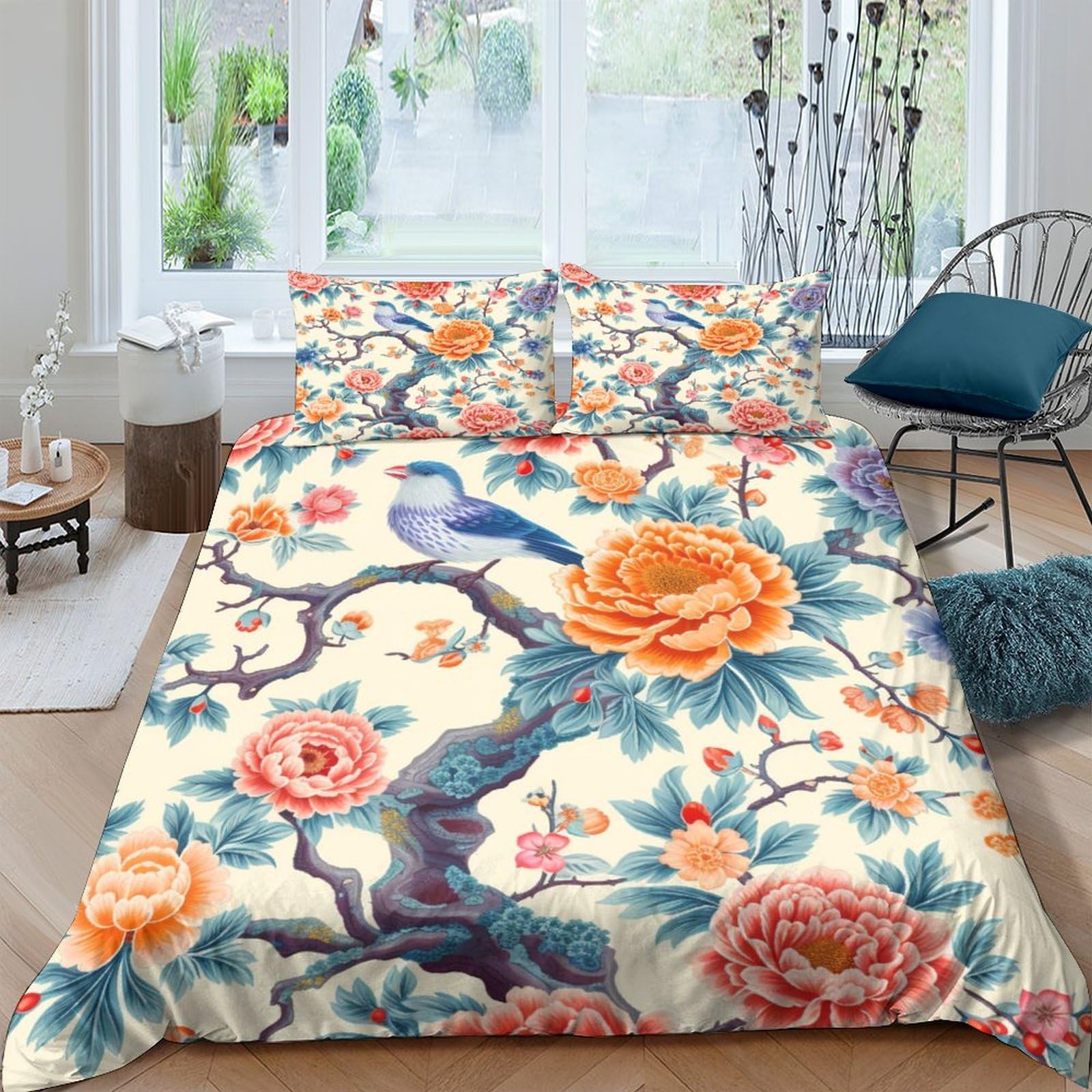 EUZZDHESP Flowers Duvet Cover 3 PCS Hotel Quality Quilt Cover Bed Sets Bed Covers with Pillowcases with Zipper Closure Ultra Soft Anti Allergic Microfiber Double（200x200cm）