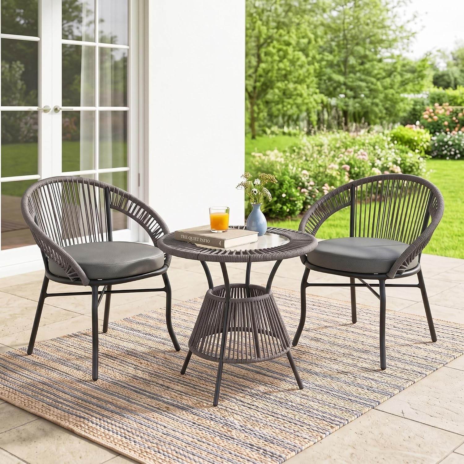 DRX 3 Piece Outdoor Patio Furniture Set with Rope Woven Cushioned Chairs & Round Coffee Table | Weather Resistant Balcony Bistro Set for Garden, Patio, Terrace, Lawn, Porch & Backyard | Grey-image-4